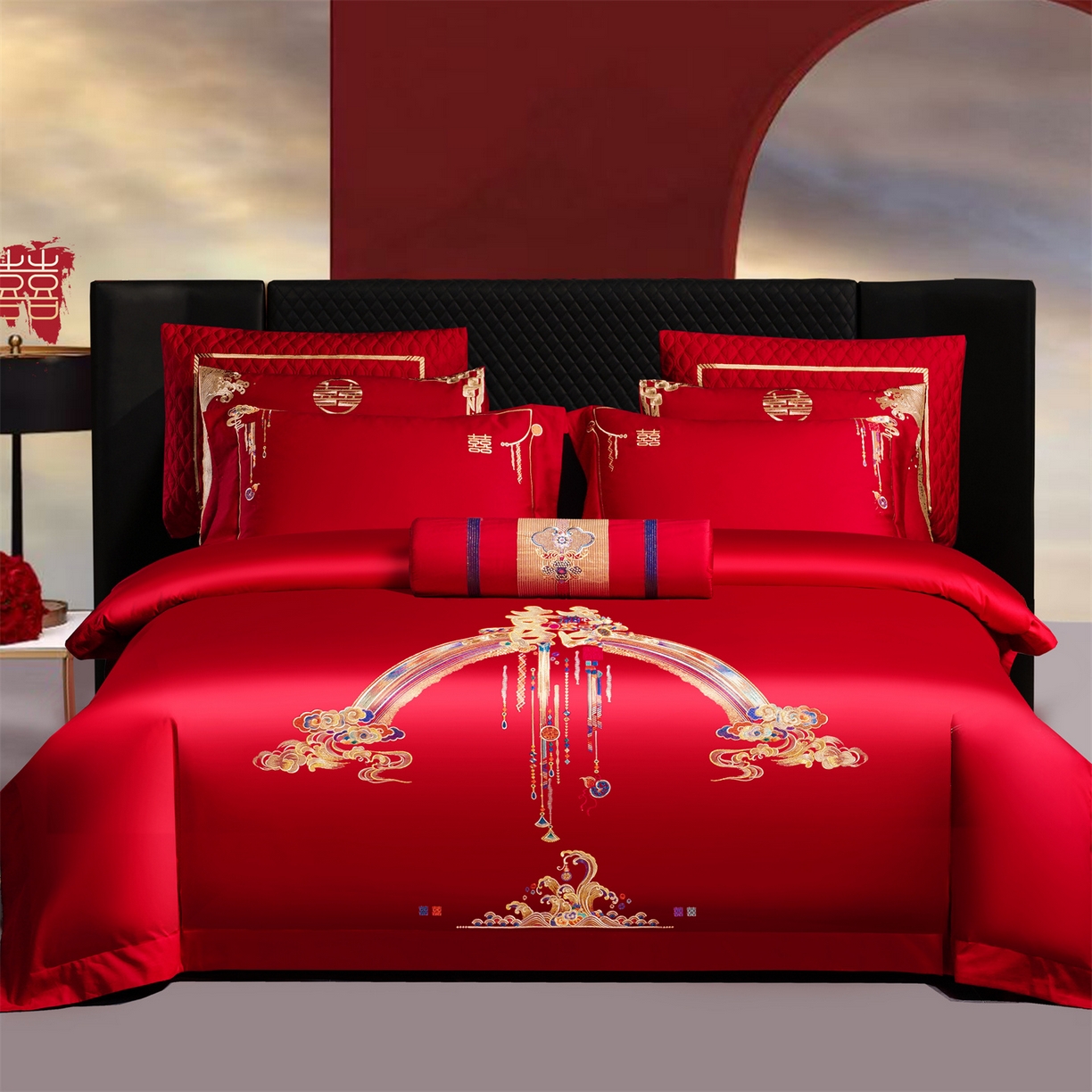 91家纺网 家纺一手货源 找家纺 （总）美娘阁 2025新款长绒棉全棉贡缎提花款新中式古典韵味精美刺绣婚庆四件套-系列二