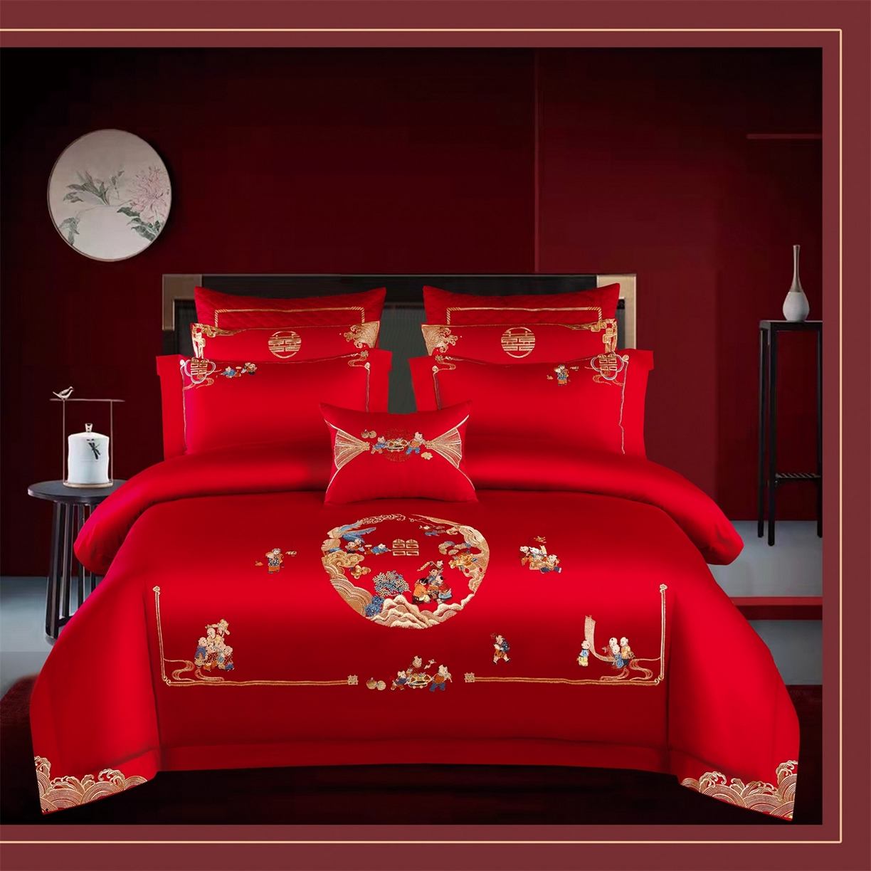 91家纺网 家纺一手货源 找家纺 （总）美娘阁 2025新款长绒棉全棉贡缎提花款新中式古典韵味精美刺绣婚庆四件套-系列一