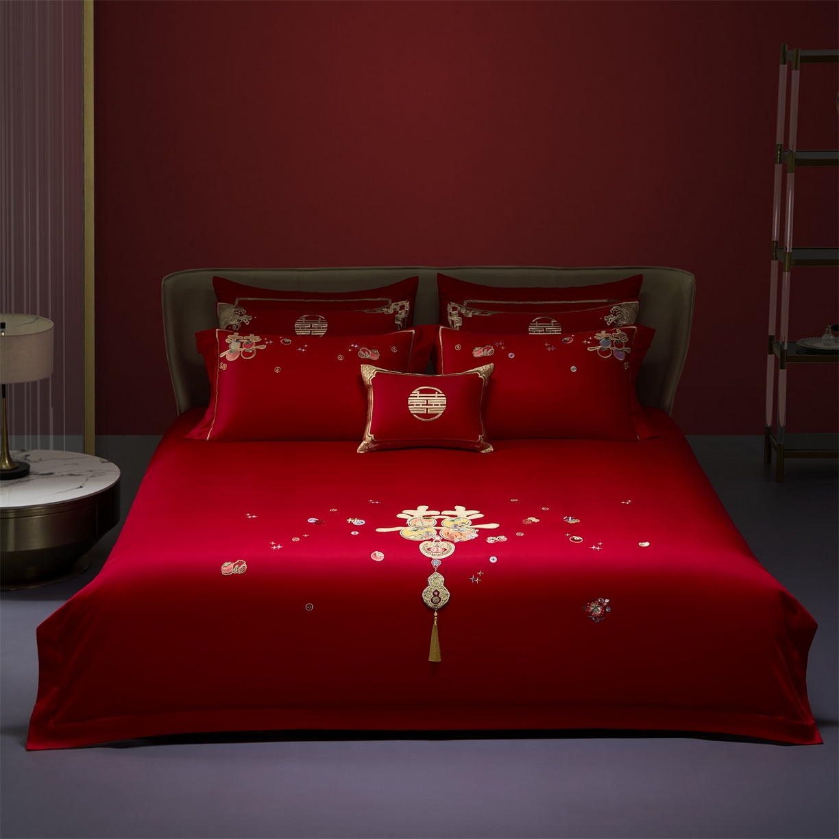 91家纺网 家纺一手货源 找家纺 （总）美娘阁 2025新款长绒棉全棉贡缎提花款新中式古典韵味精美刺绣婚庆四件套-系列二