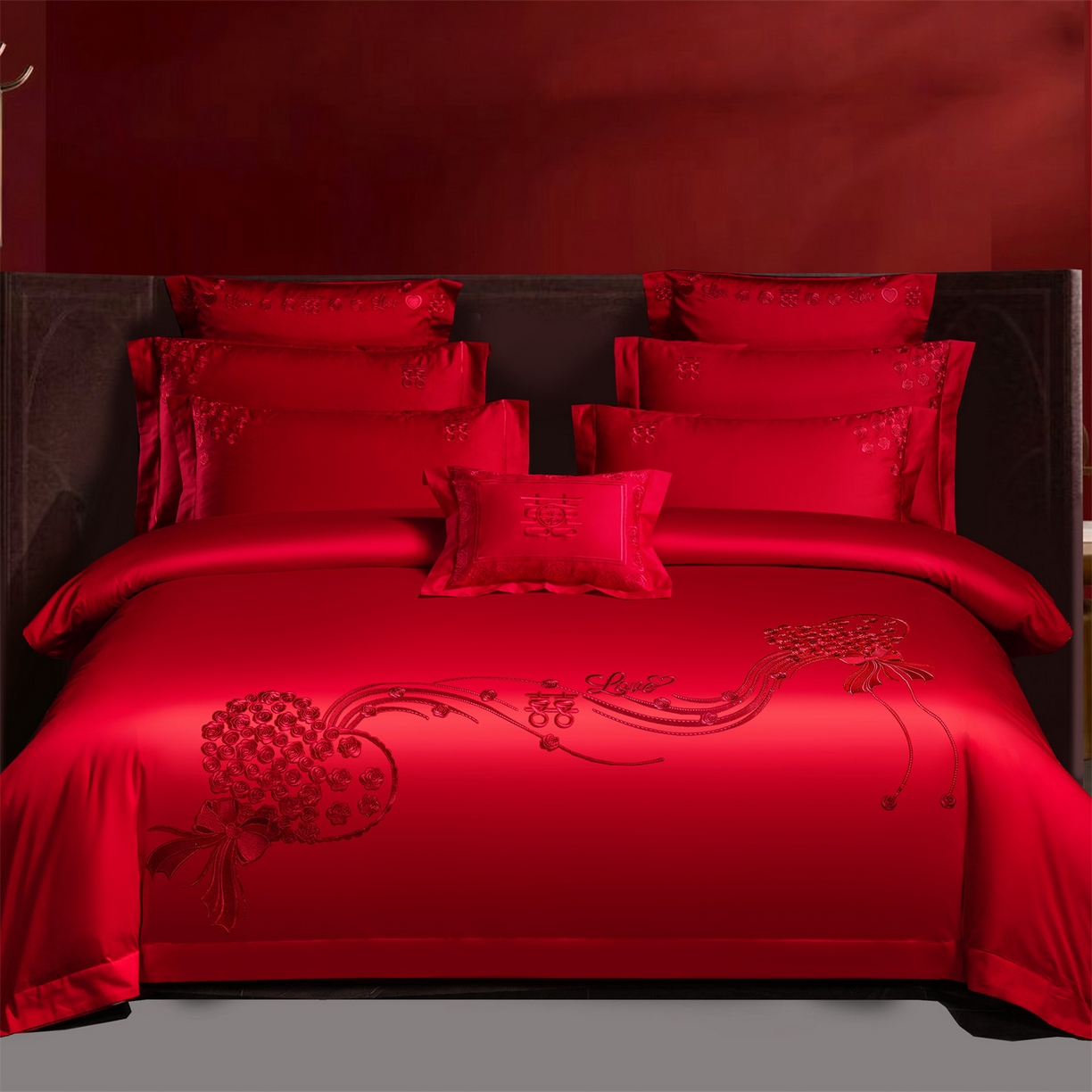 91家纺网 家纺一手货源 找家纺 （总）美娘阁 2025新款长绒棉全棉贡缎提花款新中式古典韵味精美刺绣婚庆四件套-系列二