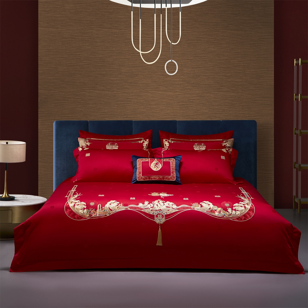 91家纺网 家纺一手货源 找家纺 （总）美娘阁 2025新款长绒棉全棉贡缎提花款新中式古典韵味精美刺绣婚庆四件套-系列一