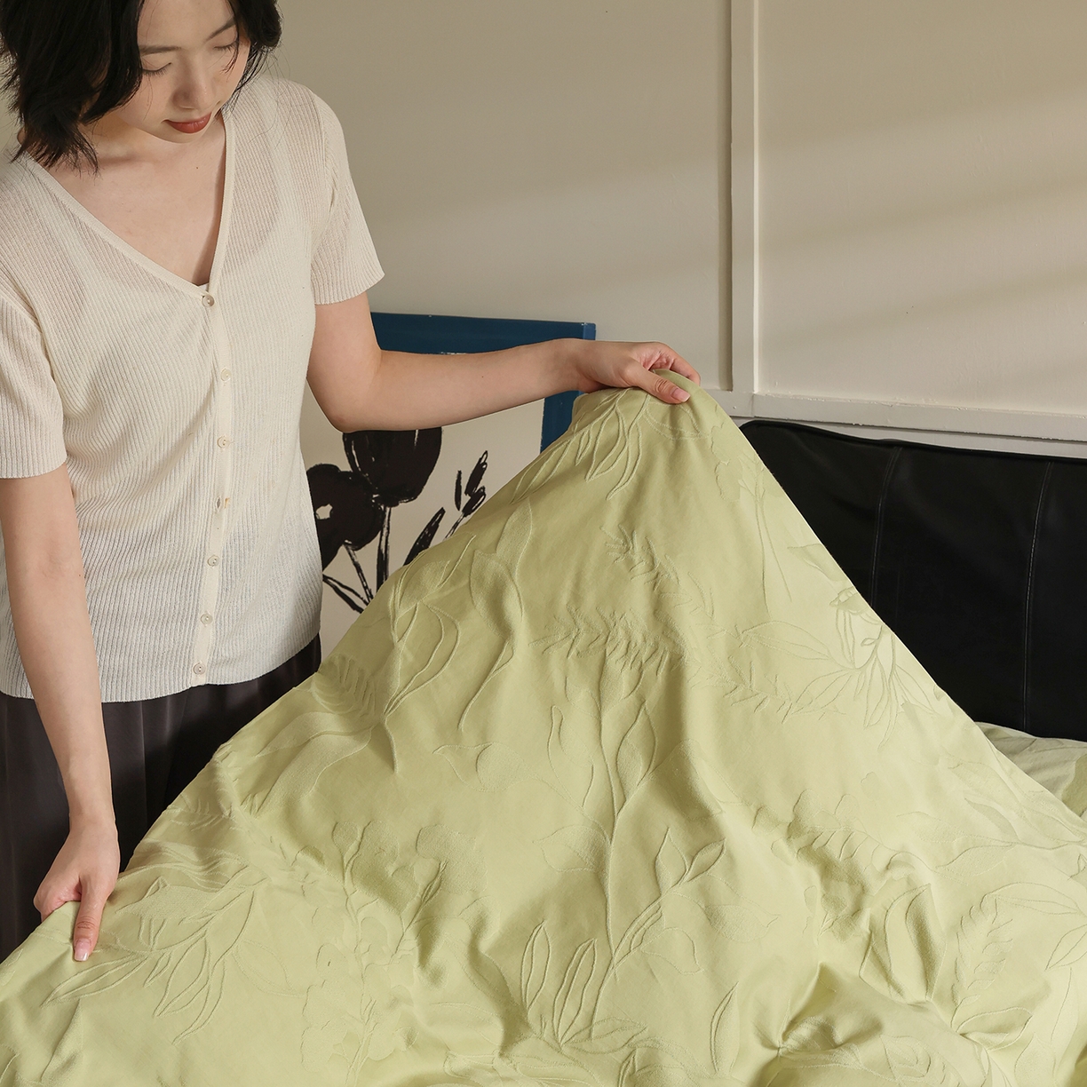 91家纺网 家纺一手货源 找家纺 玉宇阁家居 2025秋款100S大提花磨毛四件套-一梦幽兰系列 一梦幽兰-青梅煮酒绿