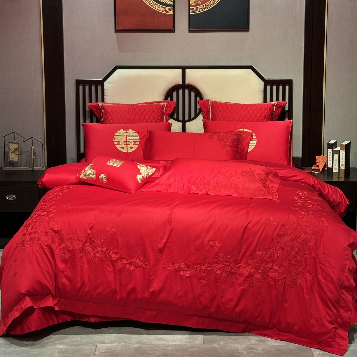 91家纺网 家纺一手货源 找家纺 （总）美娘阁 2025新款长绒棉全棉贡缎提花款新中式古典韵味精美刺绣婚庆四件套-系列一