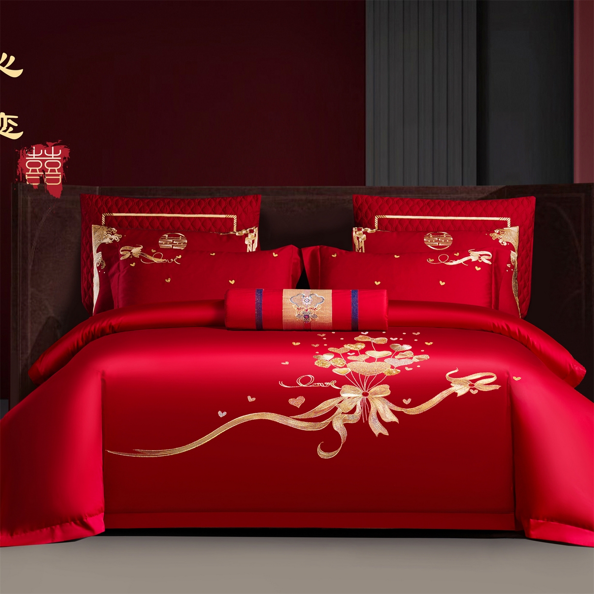 91家纺网 家纺一手货源 找家纺 （总）美娘阁 2025新款长绒棉全棉贡缎提花款新中式古典韵味精美刺绣婚庆四件套-系列二