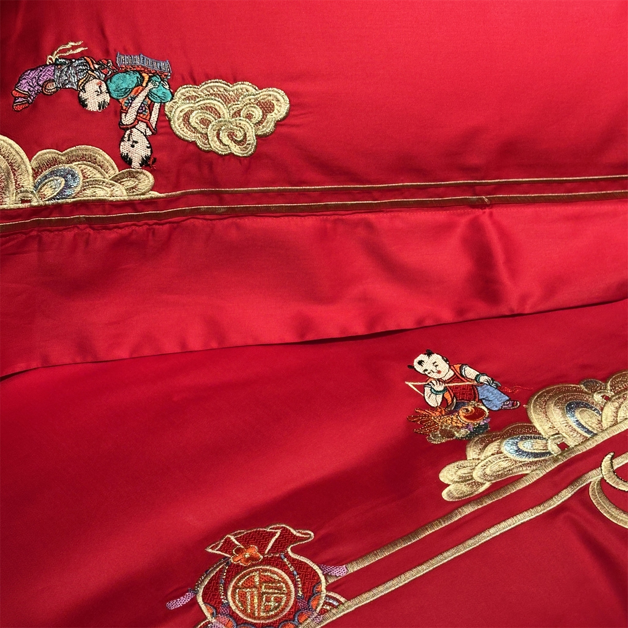 91家纺网 家纺一手货源 找家纺 美娘阁 2025新款长绒棉全棉贡缎提花款新中式古典韵味精美刺绣婚庆四件套-系列二 百子款-百子多福