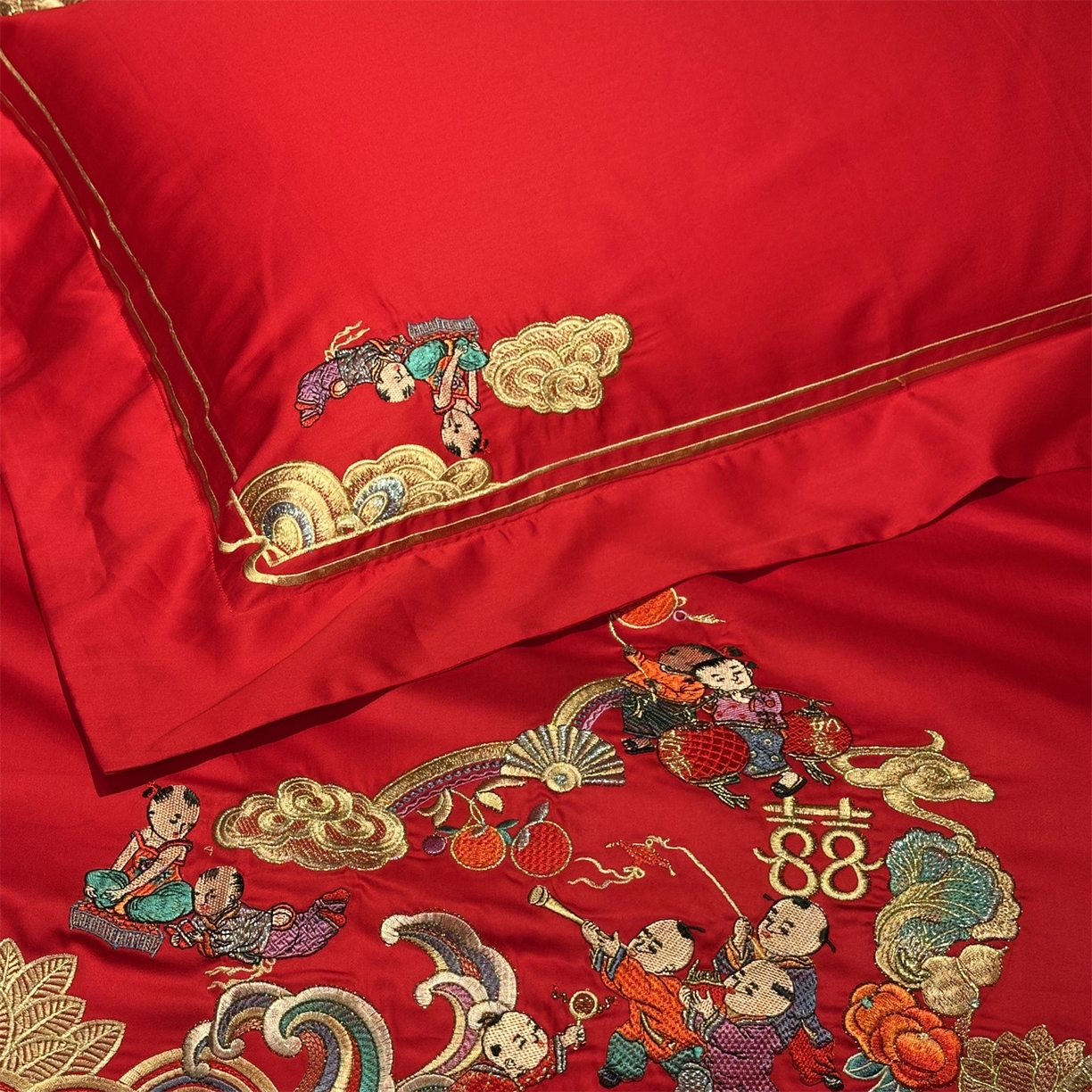 91家纺网 家纺一手货源 找家纺 美娘阁 2025新款长绒棉全棉贡缎提花款新中式古典韵味精美刺绣婚庆四件套-系列二 百子款-百子多福