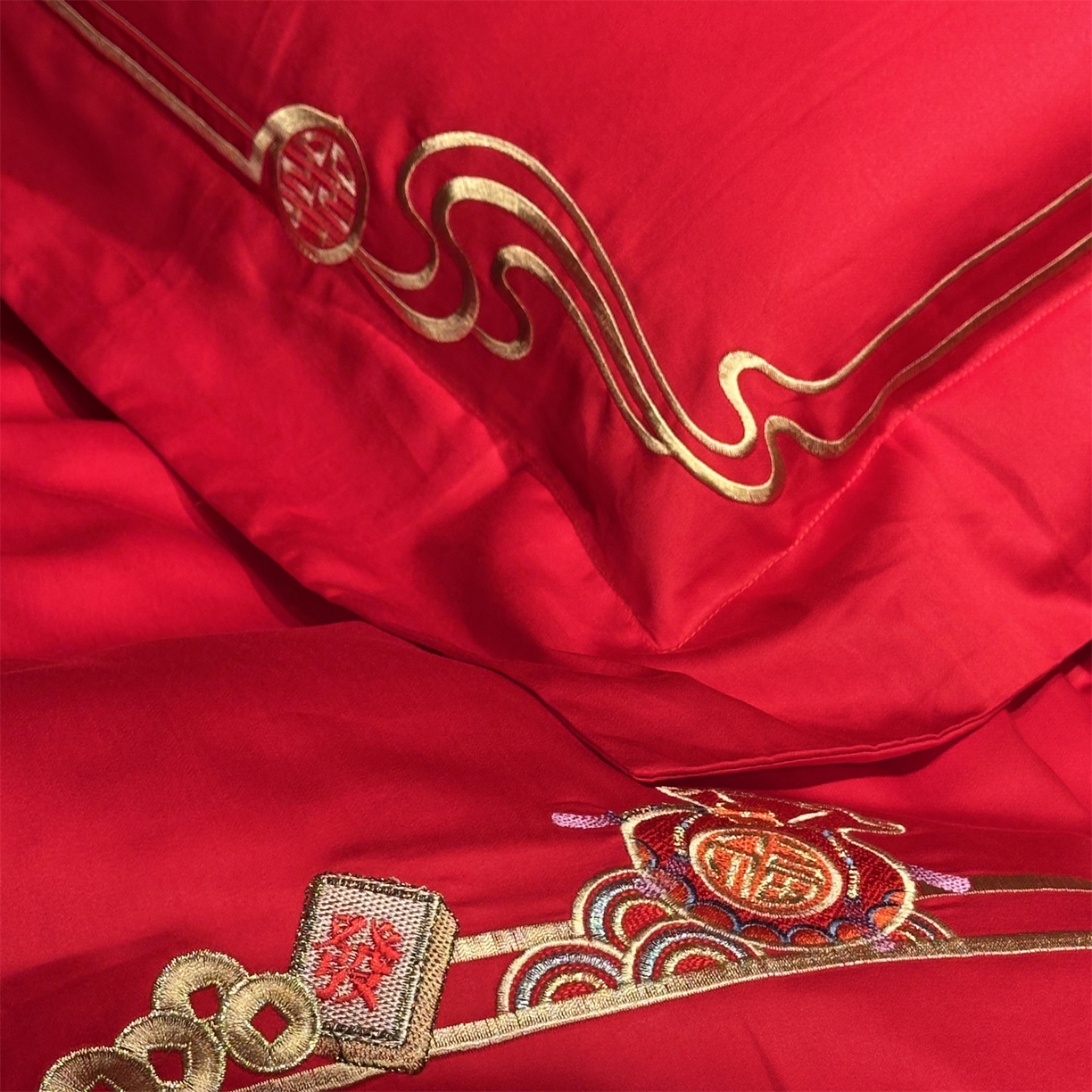 91家纺网 家纺一手货源 找家纺 美娘阁 2025新款长绒棉全棉贡缎提花款新中式古典韵味精美刺绣婚庆四件套-系列二 百子款-百子多福