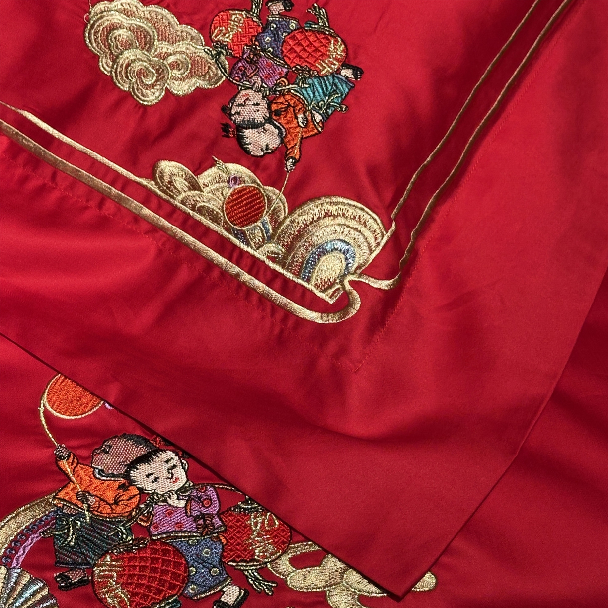 91家纺网 家纺一手货源 找家纺 美娘阁 2025新款长绒棉全棉贡缎提花款新中式古典韵味精美刺绣婚庆四件套-系列二 百子款-百子多福