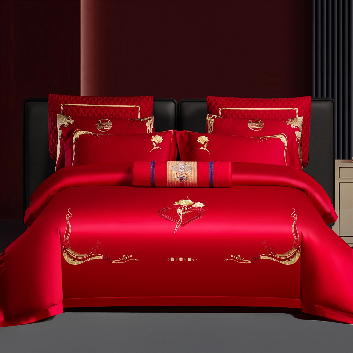 91家纺网 家纺一手货源 找家纺 美娘阁 2025新款长绒棉全棉贡缎提花款新中式古典韵味精美刺绣婚庆四件套-系列二 花卉款-爱的诺言