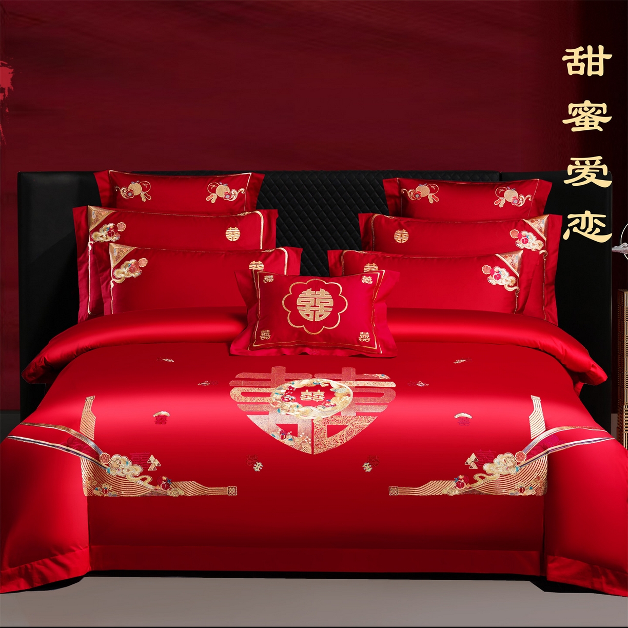 91家纺网 家纺一手货源 找家纺 美娘阁 2025新款长绒棉全棉贡缎提花款新中式古典韵味精美刺绣婚庆四件套-系列二 花卉款-甜蜜爱恋