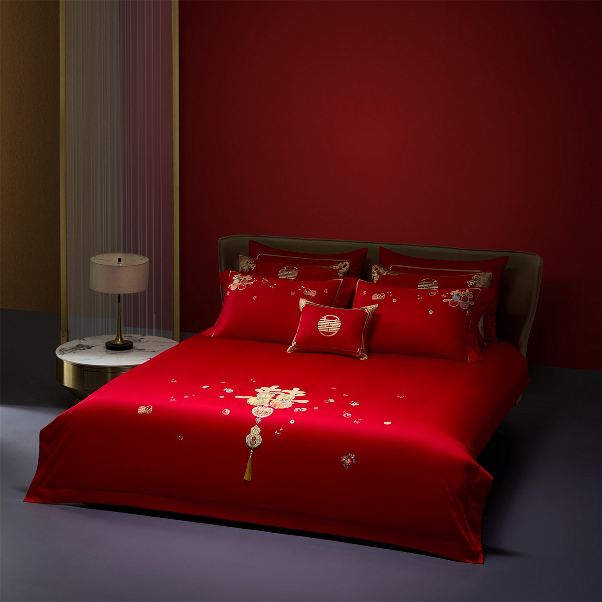 91家纺网 家纺一手货源 找家纺 美娘阁 2025新款长绒棉全棉贡缎提花款新中式古典韵味精美刺绣婚庆四件套-系列二 花卉款-喜礼相伴