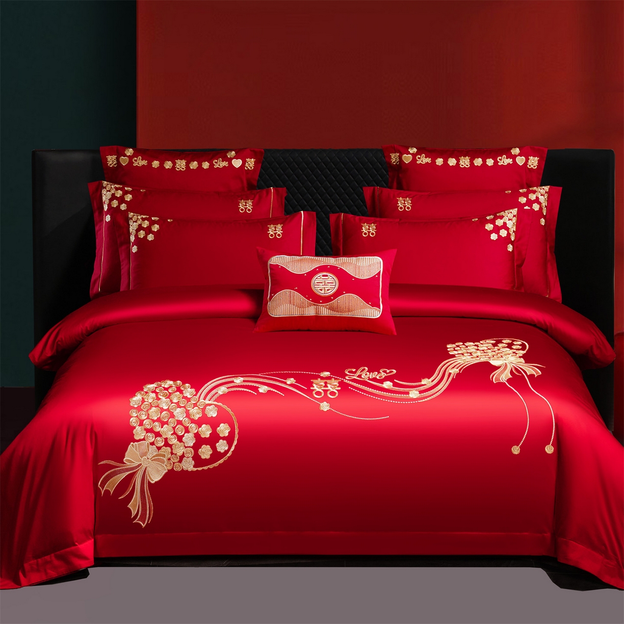 91家纺网 家纺一手货源 找家纺 美娘阁 2025新款长绒棉全棉贡缎提花款新中式古典韵味精美刺绣婚庆四件套-系列二 花卉款-相约-金