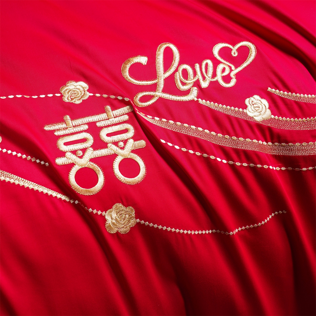 91家纺网 家纺一手货源 找家纺 美娘阁 2025新款长绒棉全棉贡缎提花款新中式古典韵味精美刺绣婚庆四件套-系列二 花卉款-相约-金