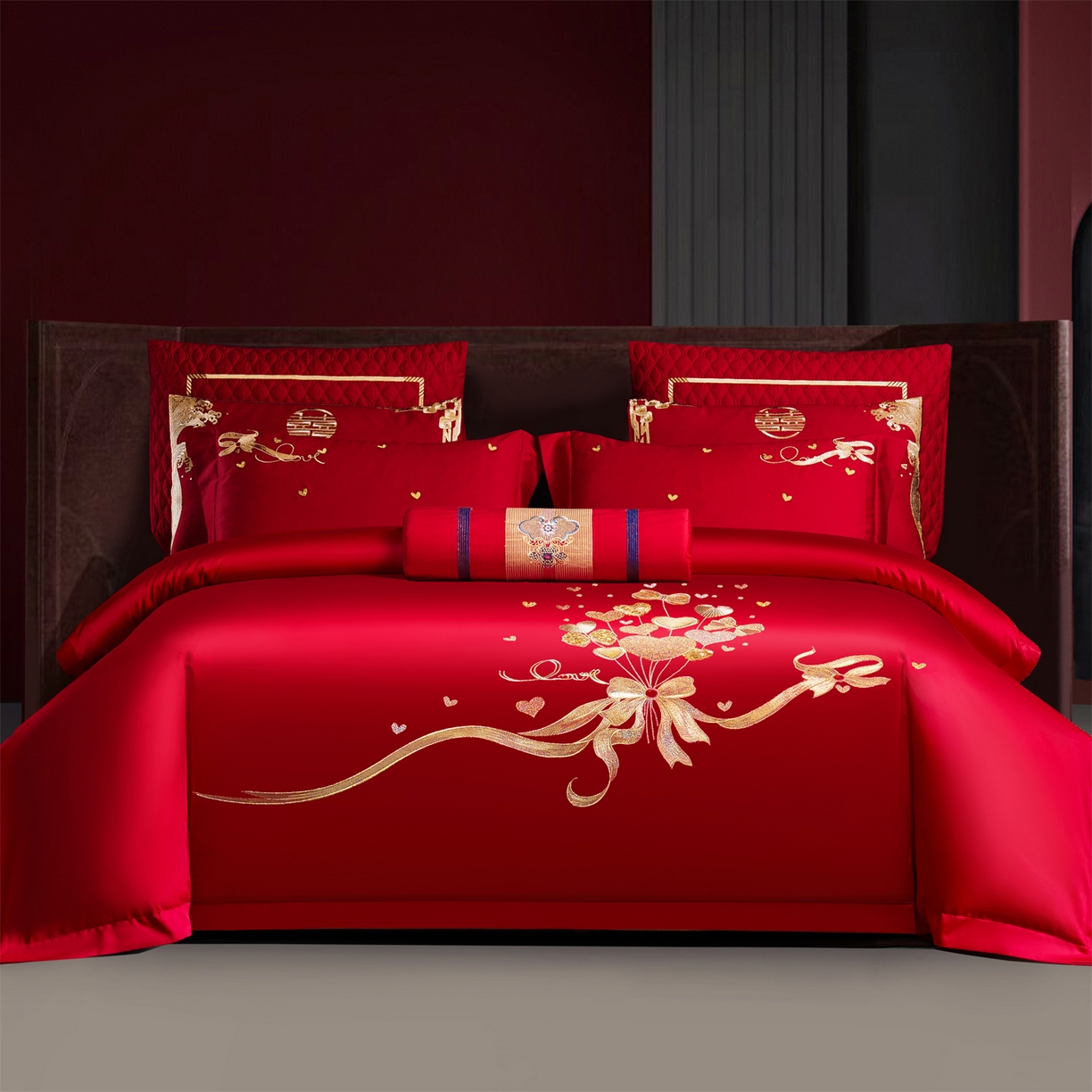 91家纺网 家纺一手货源 找家纺 美娘阁 2025新款长绒棉全棉贡缎提花款新中式古典韵味精美刺绣婚庆四件套-系列二 花卉款-心恋