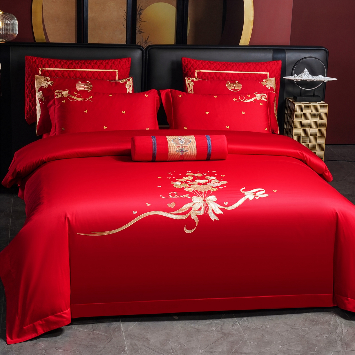 91家纺网 家纺一手货源 找家纺 美娘阁 2025新款长绒棉全棉贡缎提花款新中式古典韵味精美刺绣婚庆四件套-系列二 花卉款-心恋