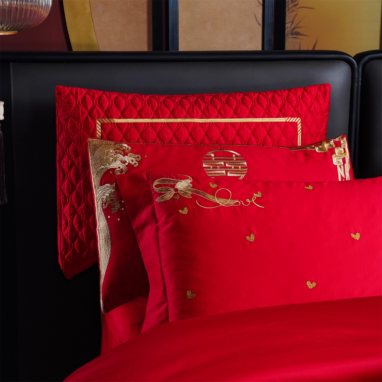 91家纺网 家纺一手货源 找家纺 美娘阁 2025新款长绒棉全棉贡缎提花款新中式古典韵味精美刺绣婚庆四件套-系列二 花卉款-心恋