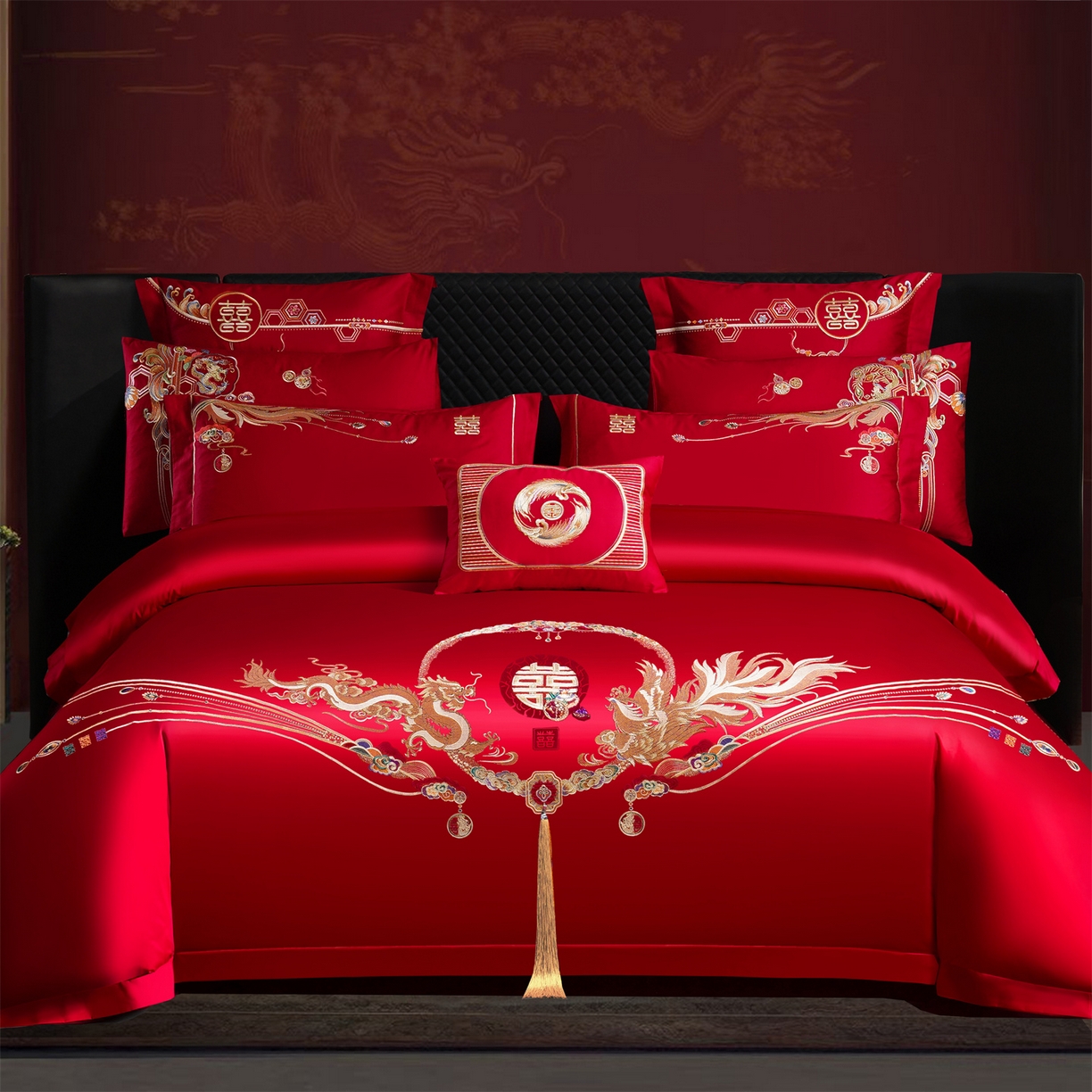 91家纺网 家纺一手货源 找家纺 美娘阁 2025新款长绒棉全棉贡缎提花款新中式古典韵味精美刺绣婚庆四件套-系列二 龙凤款-龙凤喜乐