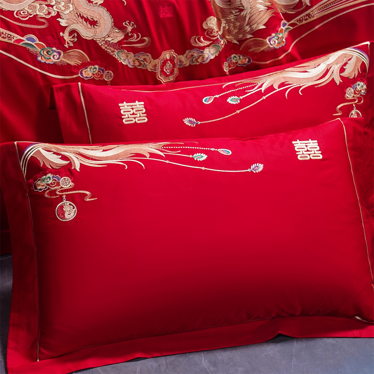 91家纺网 家纺一手货源 找家纺 美娘阁 2025新款长绒棉全棉贡缎提花款新中式古典韵味精美刺绣婚庆四件套-系列二 龙凤款-龙凤喜乐