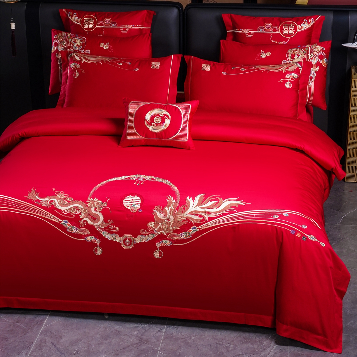 91家纺网 家纺一手货源 找家纺 美娘阁 2025新款长绒棉全棉贡缎提花款新中式古典韵味精美刺绣婚庆四件套-系列二 龙凤款-龙凤喜乐