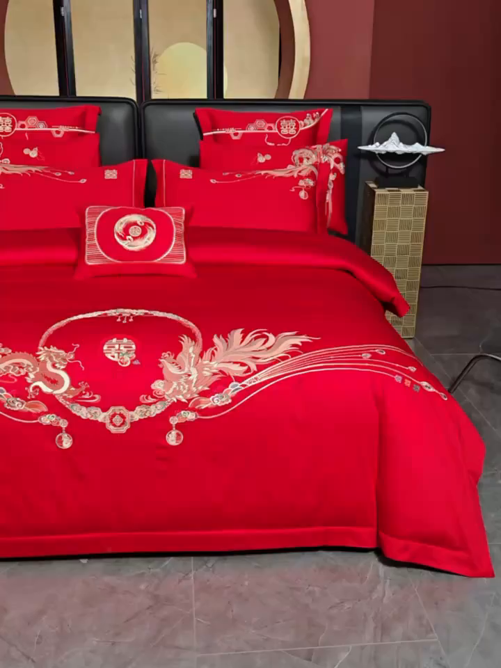 91家纺网 家纺一手货源 找家纺 美娘阁 2025新款长绒棉全棉贡缎提花款新中式古典韵味精美刺绣婚庆四件套-系列二 龙凤款-龙凤喜乐