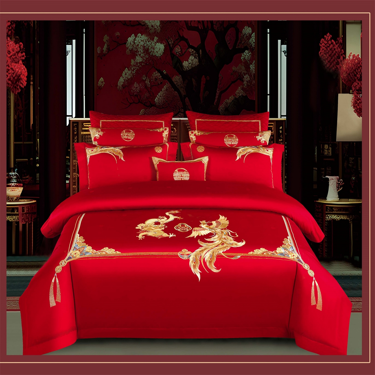 91家纺网 家纺一手货源 找家纺 （总）美娘阁 2025新款长绒棉全棉贡缎提花款新中式古典韵味精美刺绣婚庆四件套-系列一