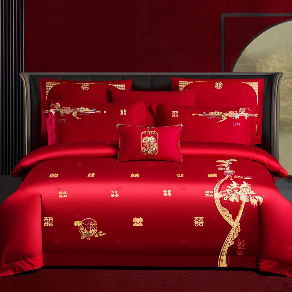 91家纺网 家纺一手货源 找家纺 （总）美娘阁 2025新款长绒棉全棉贡缎提花款新中式古典韵味精美刺绣婚庆四件套-系列一