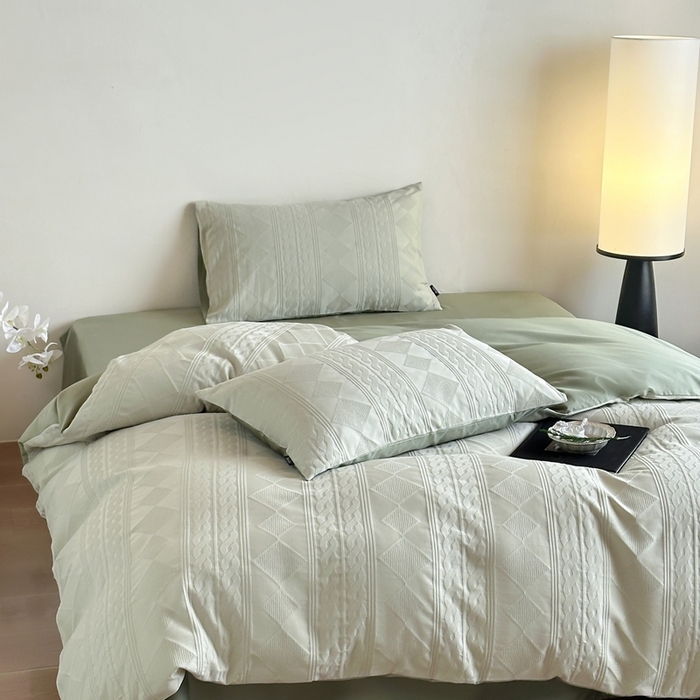 91家纺网 家纺一手货源 找家纺 玉宇阁家居 2025新款100S色织空气大提花全棉纯棉长绒棉四件套-安缦春也100S 100S安缦春也-垂柳绿