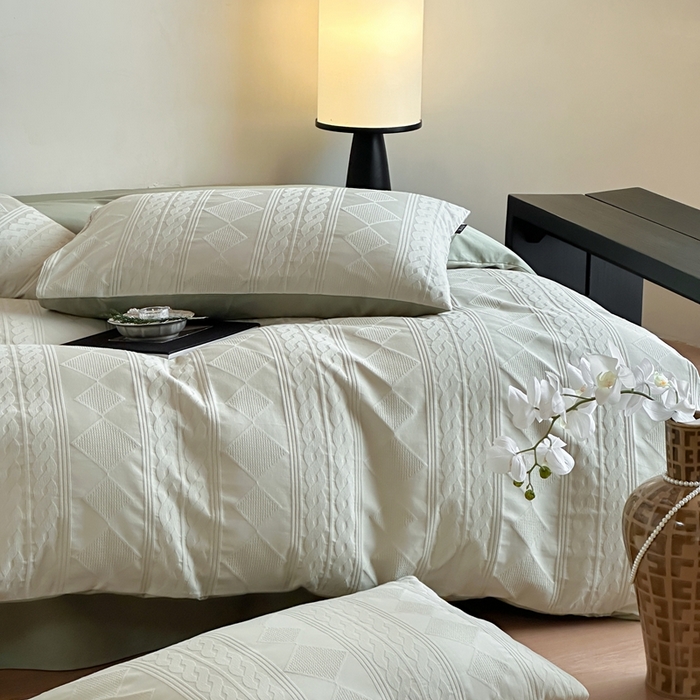 91家纺网 家纺一手货源 找家纺 玉宇阁家居 2025新款100S色织空气大提花全棉纯棉长绒棉四件套-安缦春也100S 100S安缦春也-垂柳绿