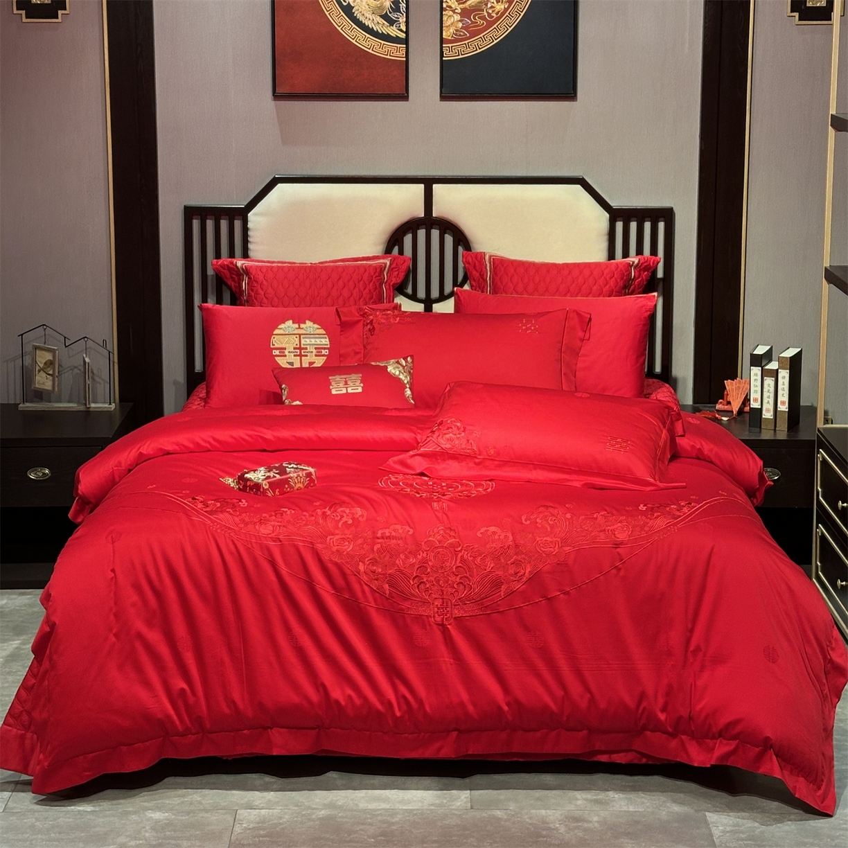 91家纺网 家纺一手货源 找家纺 （总）美娘阁 2025新款长绒棉全棉贡缎提花款新中式古典韵味精美刺绣婚庆四件套-系列一