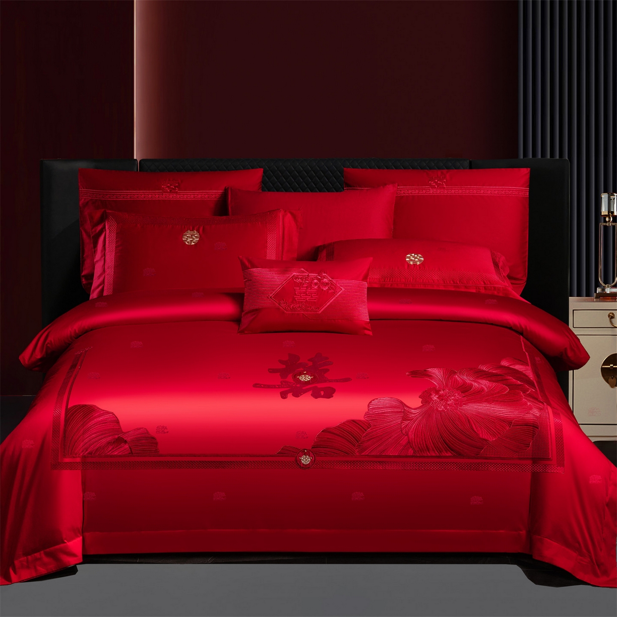 91家纺网 家纺一手货源 找家纺 （总）美娘阁 2025新款长绒棉全棉贡缎提花款新中式古典韵味精美刺绣婚庆四件套-系列一