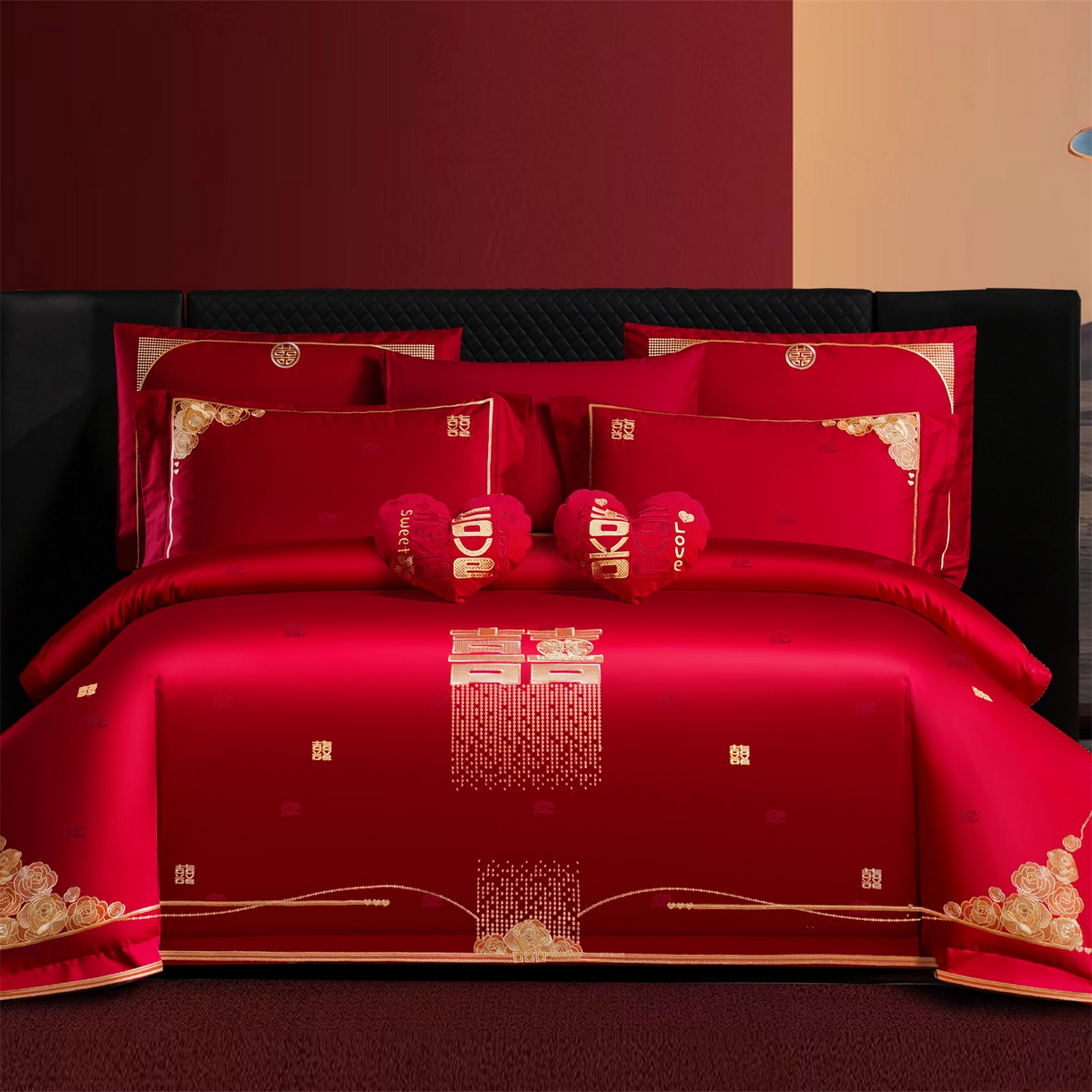 91家纺网 家纺一手货源 找家纺 （总）美娘阁 2025新款长绒棉全棉贡缎提花款新中式古典韵味精美刺绣婚庆四件套-系列一