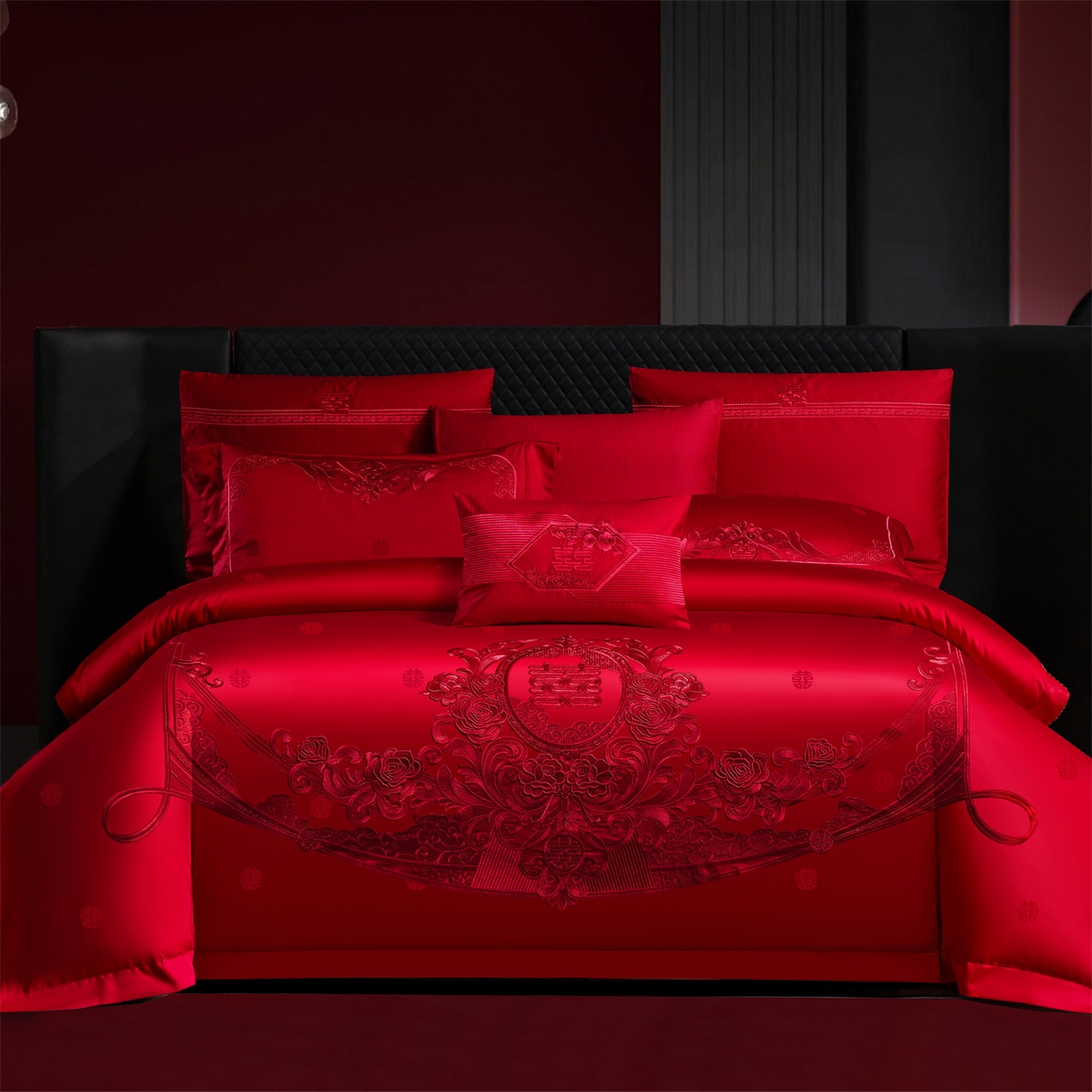 91家纺网 家纺一手货源 找家纺 （总）美娘阁 2025新款长绒棉全棉贡缎提花款新中式古典韵味精美刺绣婚庆四件套-系列一