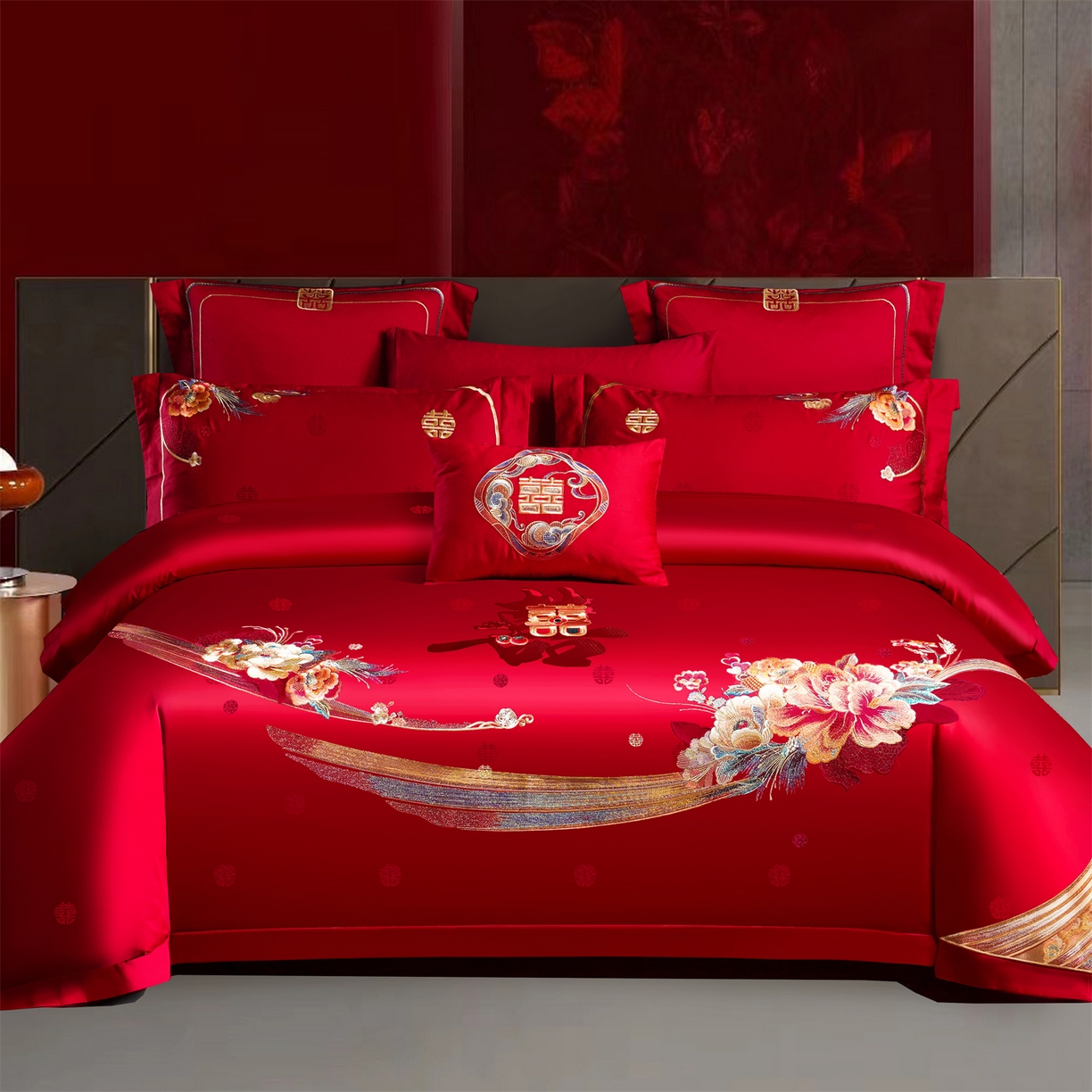 美娘阁 2025新款长绒棉全棉贡缎提花款新中式古典韵味精美刺绣婚庆四件套-系列一 爱意满满