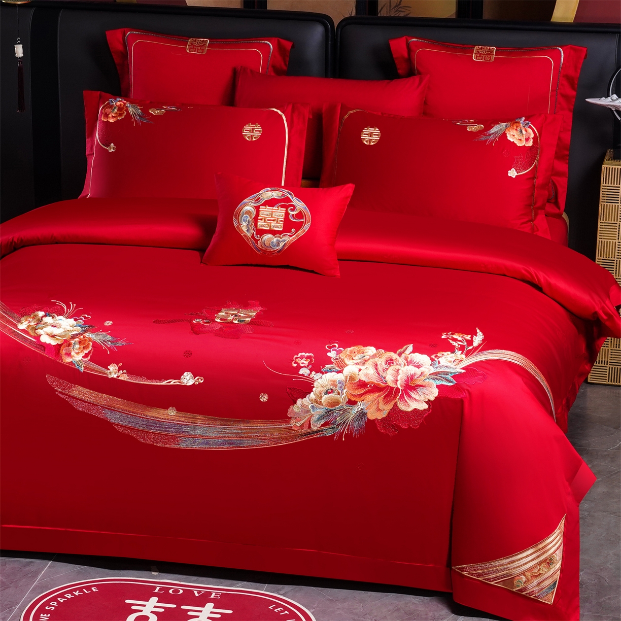 91家纺网 家纺一手货源 找家纺 美娘阁 2025新款长绒棉全棉贡缎提花款新中式古典韵味精美刺绣婚庆四件套-系列一 爱意满满