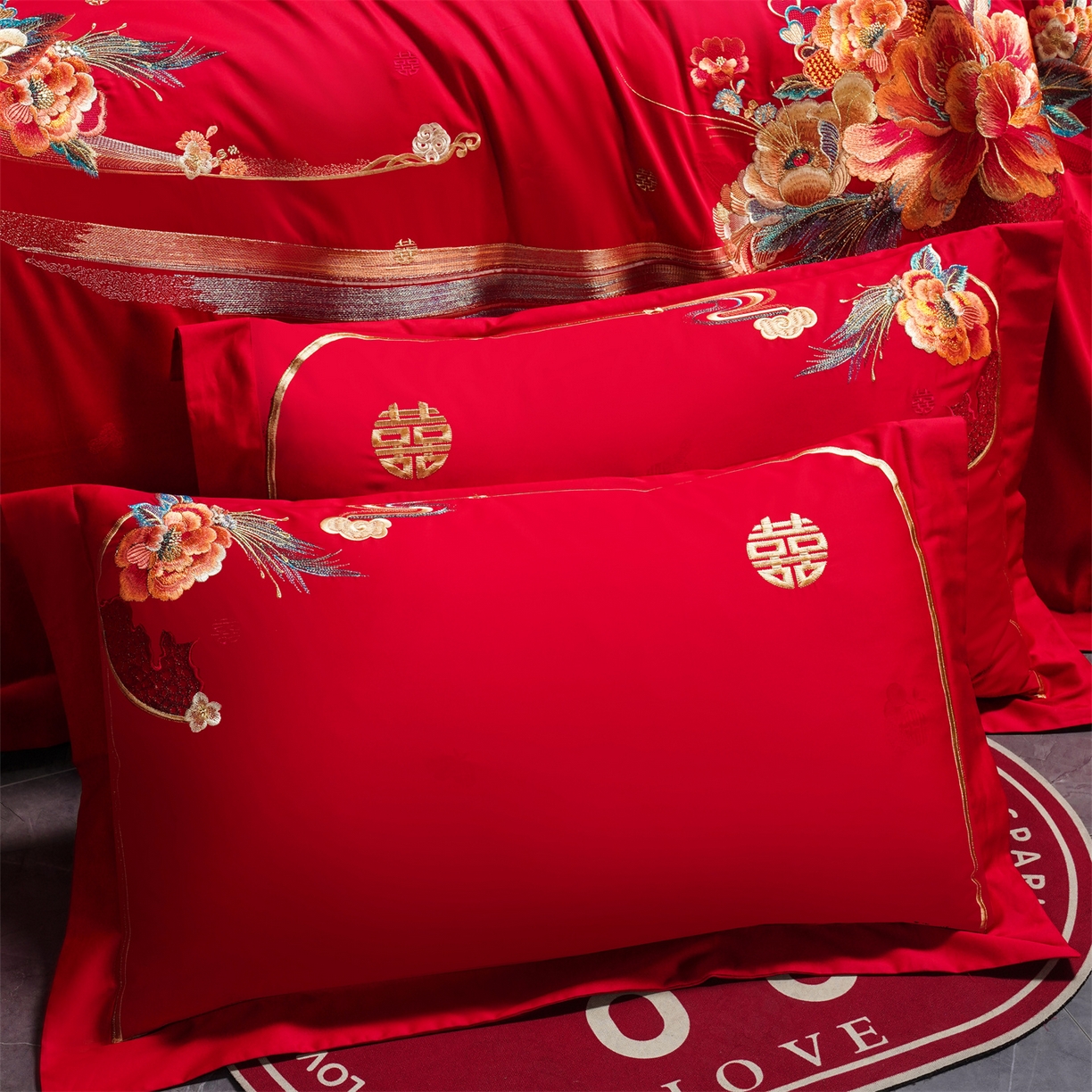 91家纺网 家纺一手货源 找家纺 美娘阁 2025新款长绒棉全棉贡缎提花款新中式古典韵味精美刺绣婚庆四件套-系列一 爱意满满