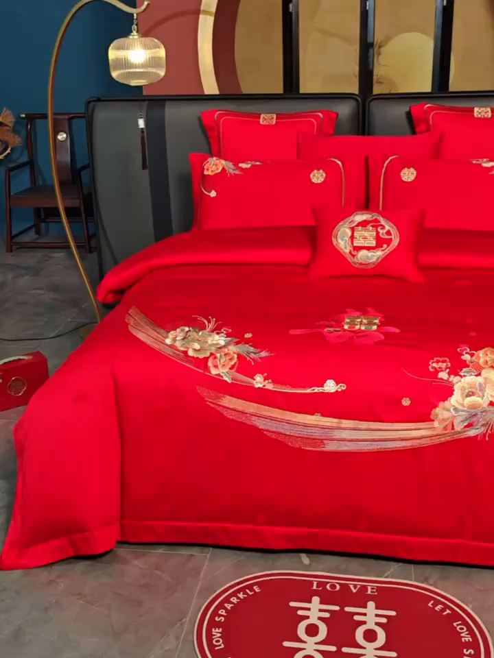 91家纺网 家纺一手货源 找家纺 美娘阁 2025新款长绒棉全棉贡缎提花款新中式古典韵味精美刺绣婚庆四件套-系列一 爱意满满