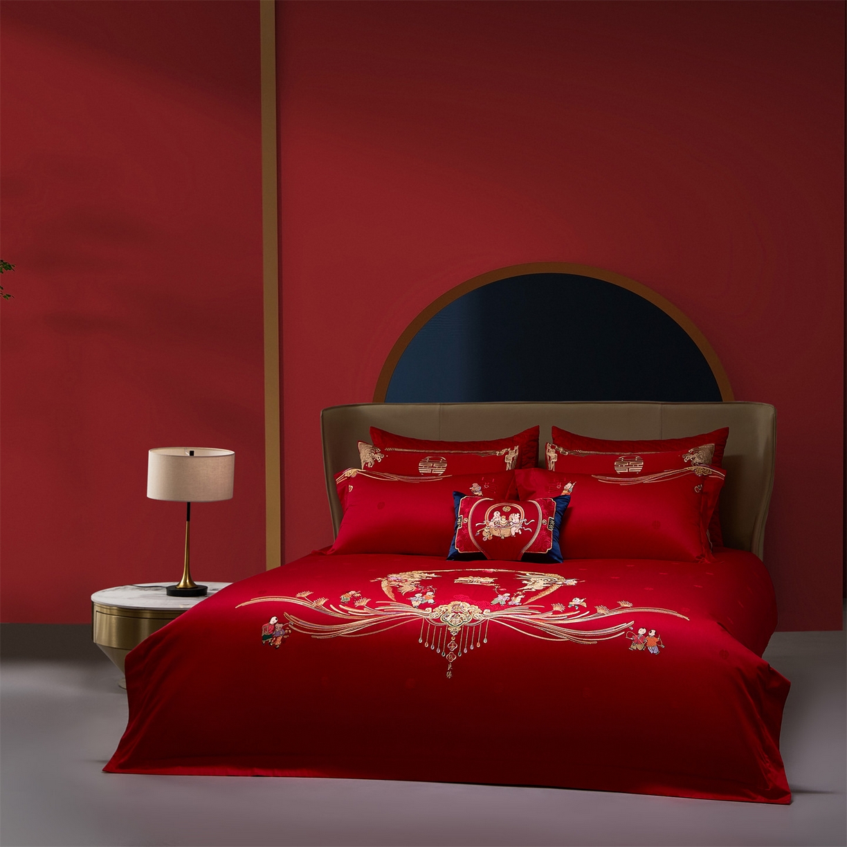 91家纺网 家纺一手货源 找家纺 美娘阁 2025新款长绒棉全棉贡缎提花款新中式古典韵味精美刺绣婚庆四件套-系列一 百子款-龙凤送子