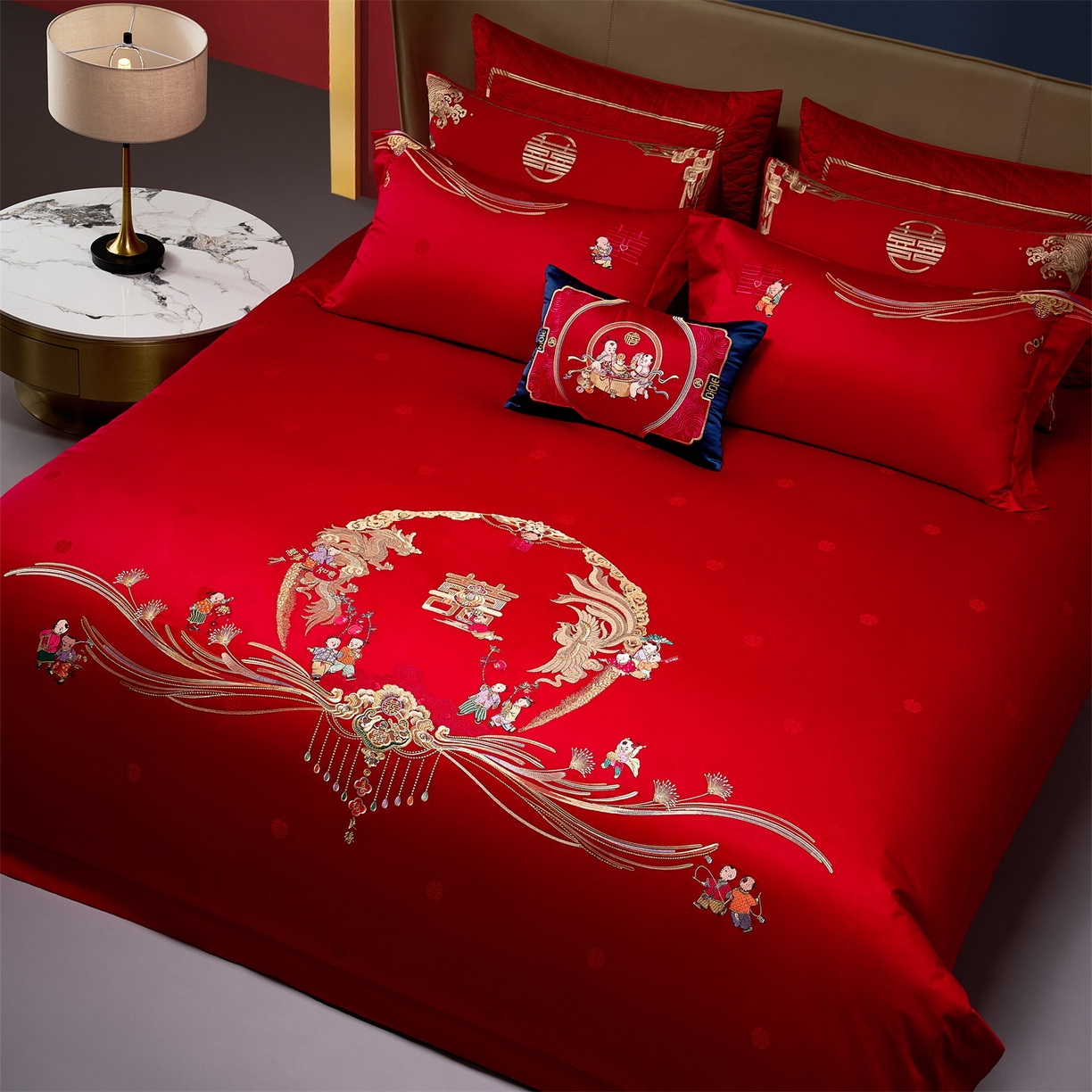 91家纺网 家纺一手货源 找家纺 美娘阁 2025新款长绒棉全棉贡缎提花款新中式古典韵味精美刺绣婚庆四件套-系列一 百子款-龙凤送子