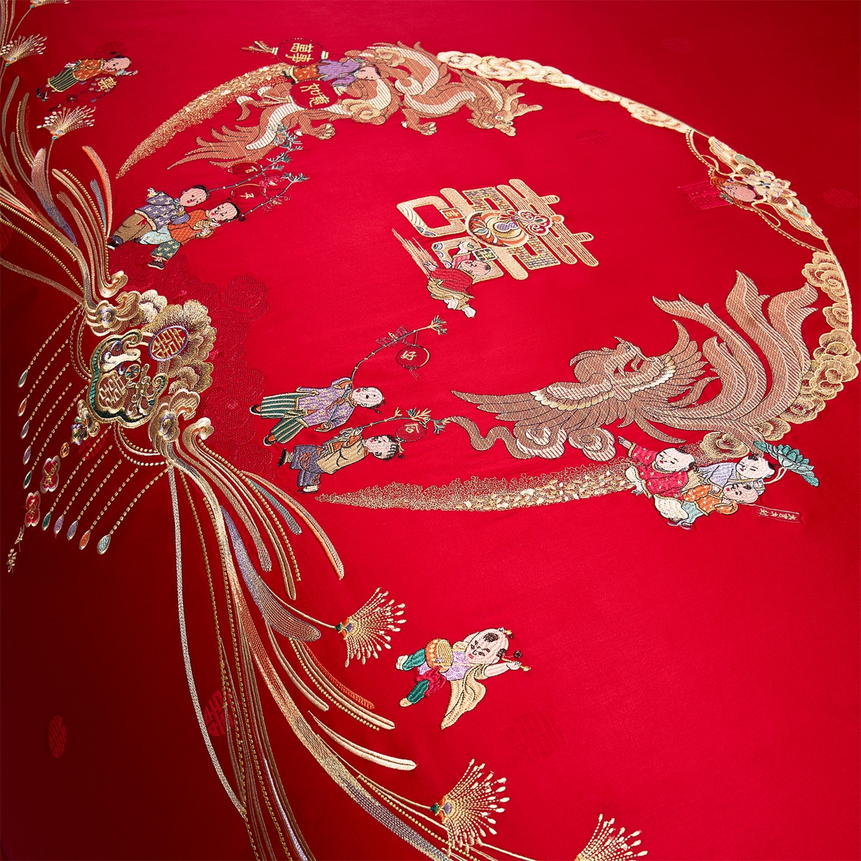 91家纺网 家纺一手货源 找家纺 美娘阁 2025新款长绒棉全棉贡缎提花款新中式古典韵味精美刺绣婚庆四件套-系列一 百子款-龙凤送子