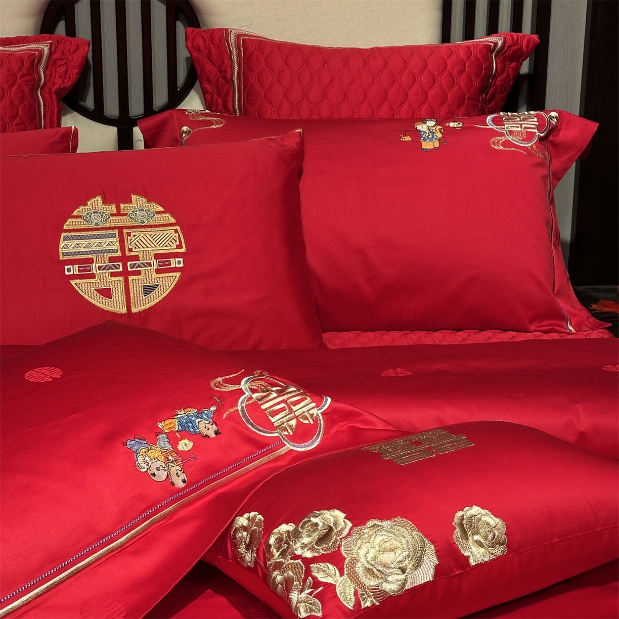 91家纺网 家纺一手货源 找家纺 美娘阁 2025新款长绒棉全棉贡缎提花款新中式古典韵味精美刺绣婚庆四件套-系列一 百子款-五子登科