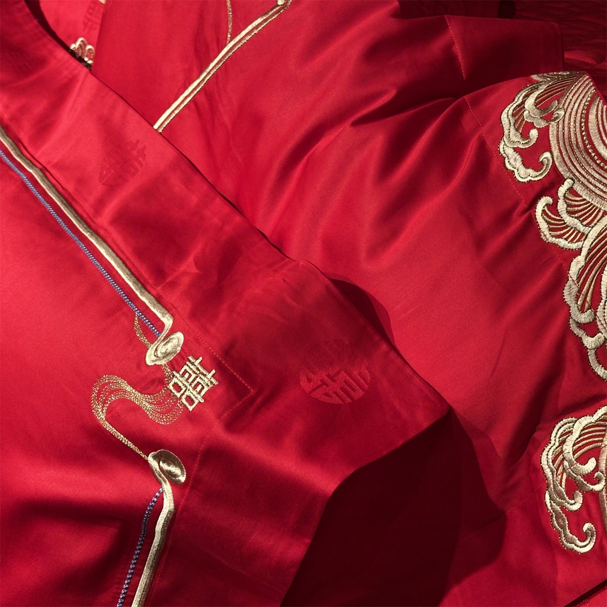 91家纺网 家纺一手货源 找家纺 美娘阁 2025新款长绒棉全棉贡缎提花款新中式古典韵味精美刺绣婚庆四件套-系列一 百子款-五子登科