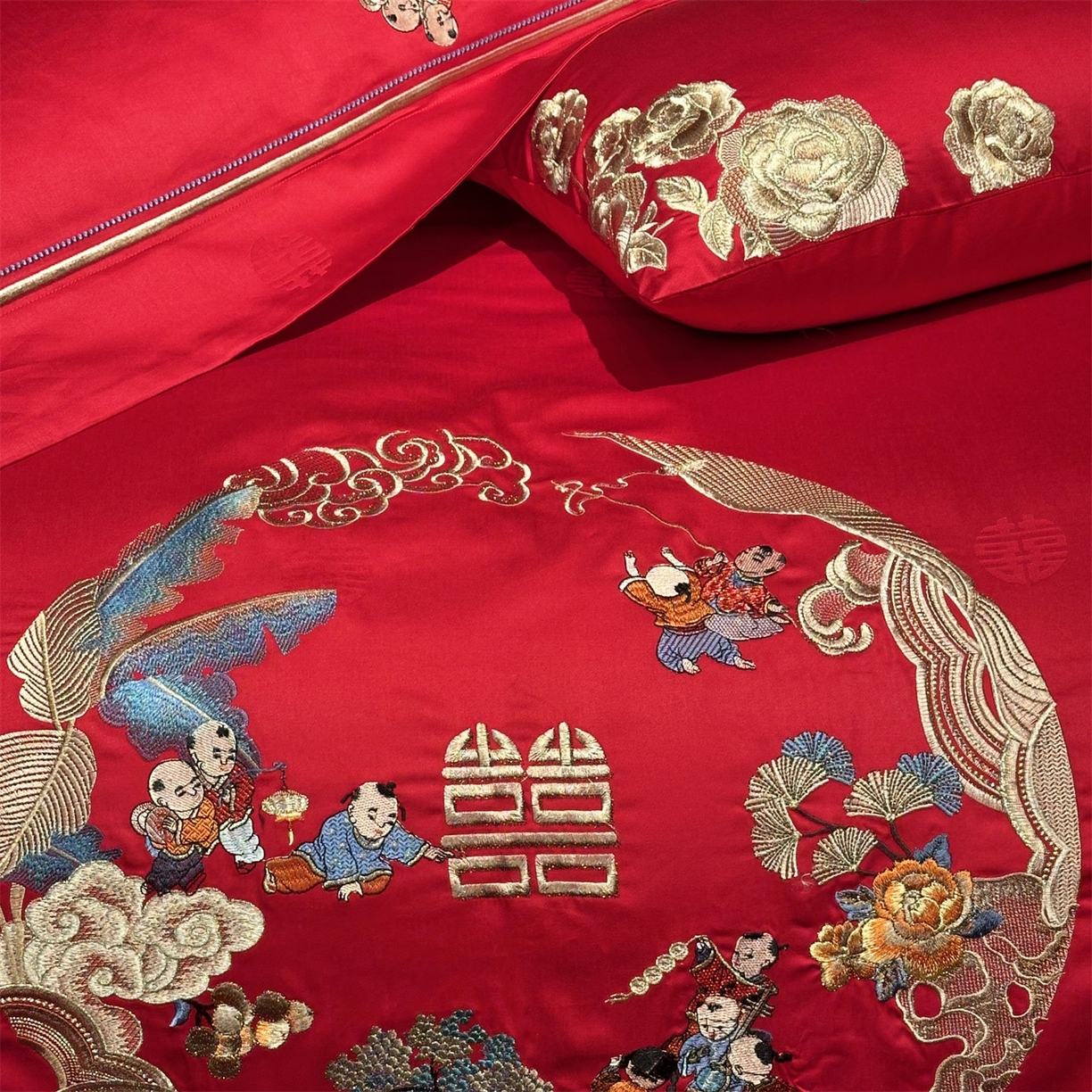 91家纺网 家纺一手货源 找家纺 美娘阁 2025新款长绒棉全棉贡缎提花款新中式古典韵味精美刺绣婚庆四件套-系列一 百子款-五子登科