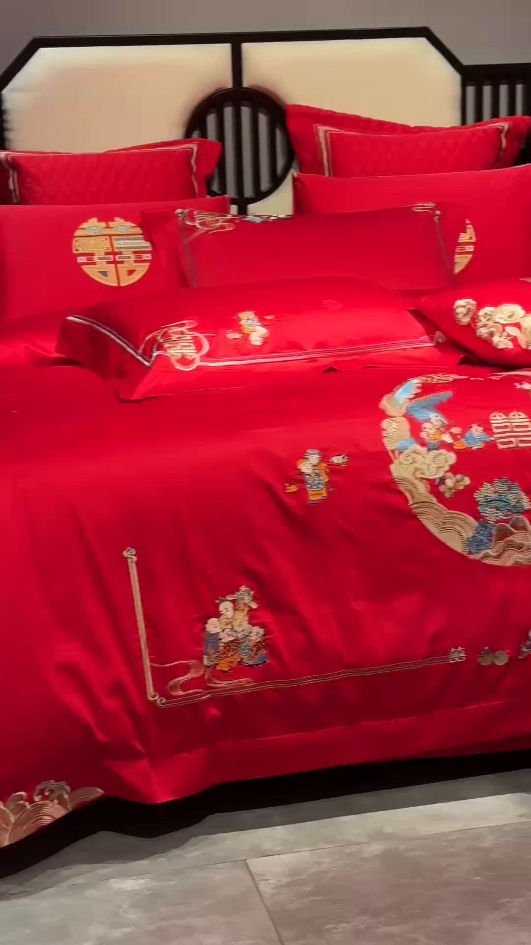 91家纺网 家纺一手货源 找家纺 美娘阁 2025新款长绒棉全棉贡缎提花款新中式古典韵味精美刺绣婚庆四件套-系列一 百子款-五子登科