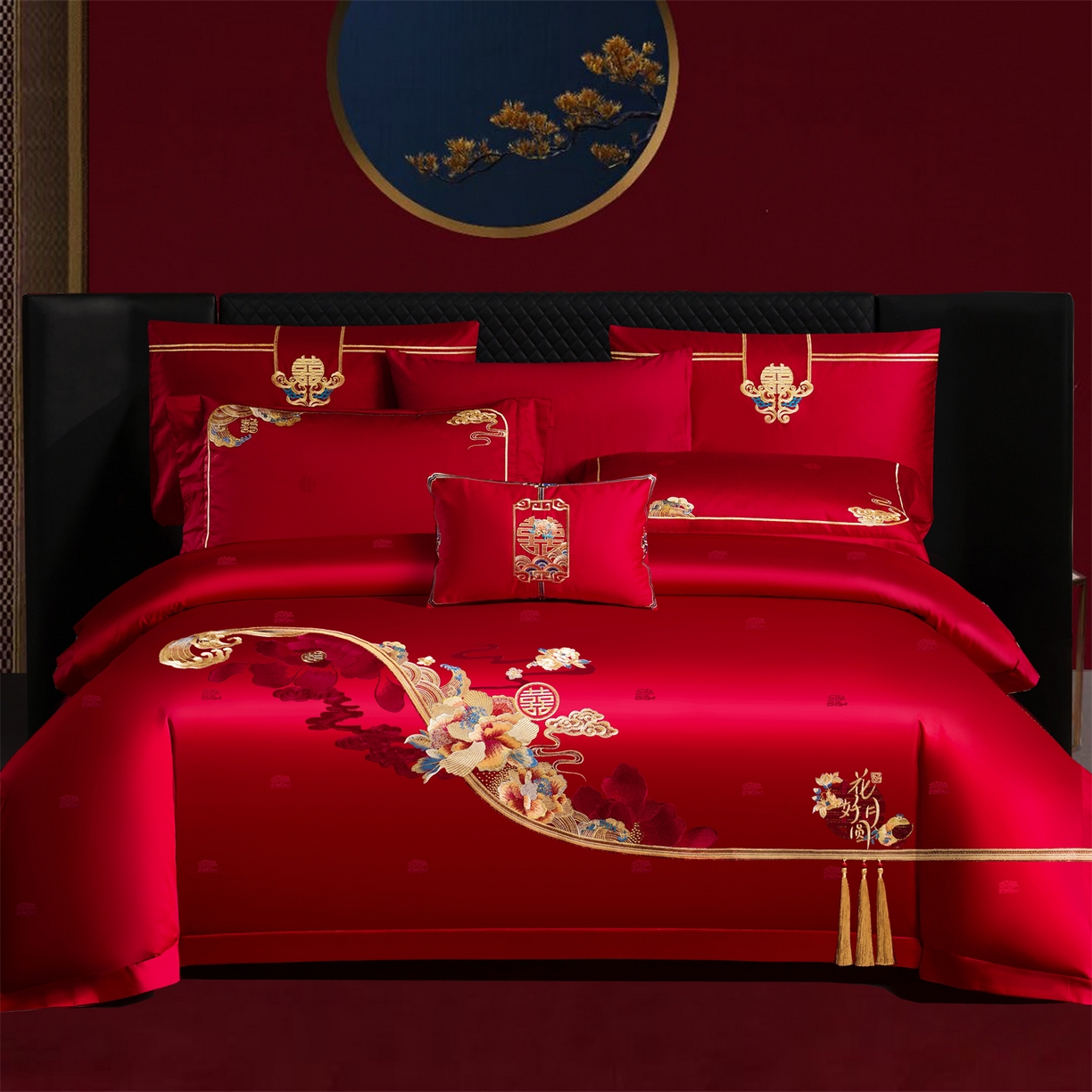 91家纺网 家纺一手货源 找家纺 美娘阁 2025新款长绒棉全棉贡缎提花款新中式古典韵味精美刺绣婚庆四件套-系列一 富贵吉祥