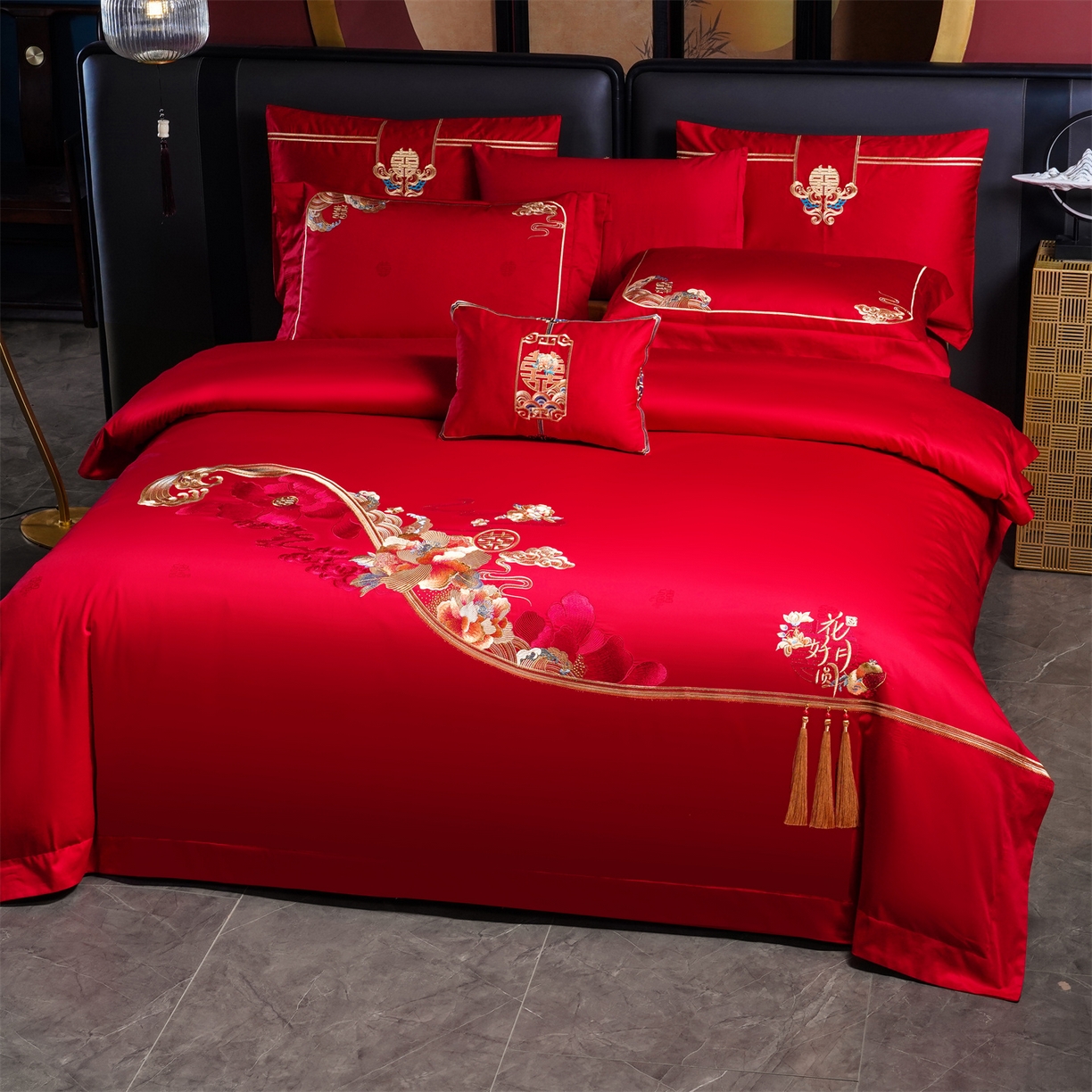 91家纺网 家纺一手货源 找家纺 美娘阁 2025新款长绒棉全棉贡缎提花款新中式古典韵味精美刺绣婚庆四件套-系列一 富贵吉祥