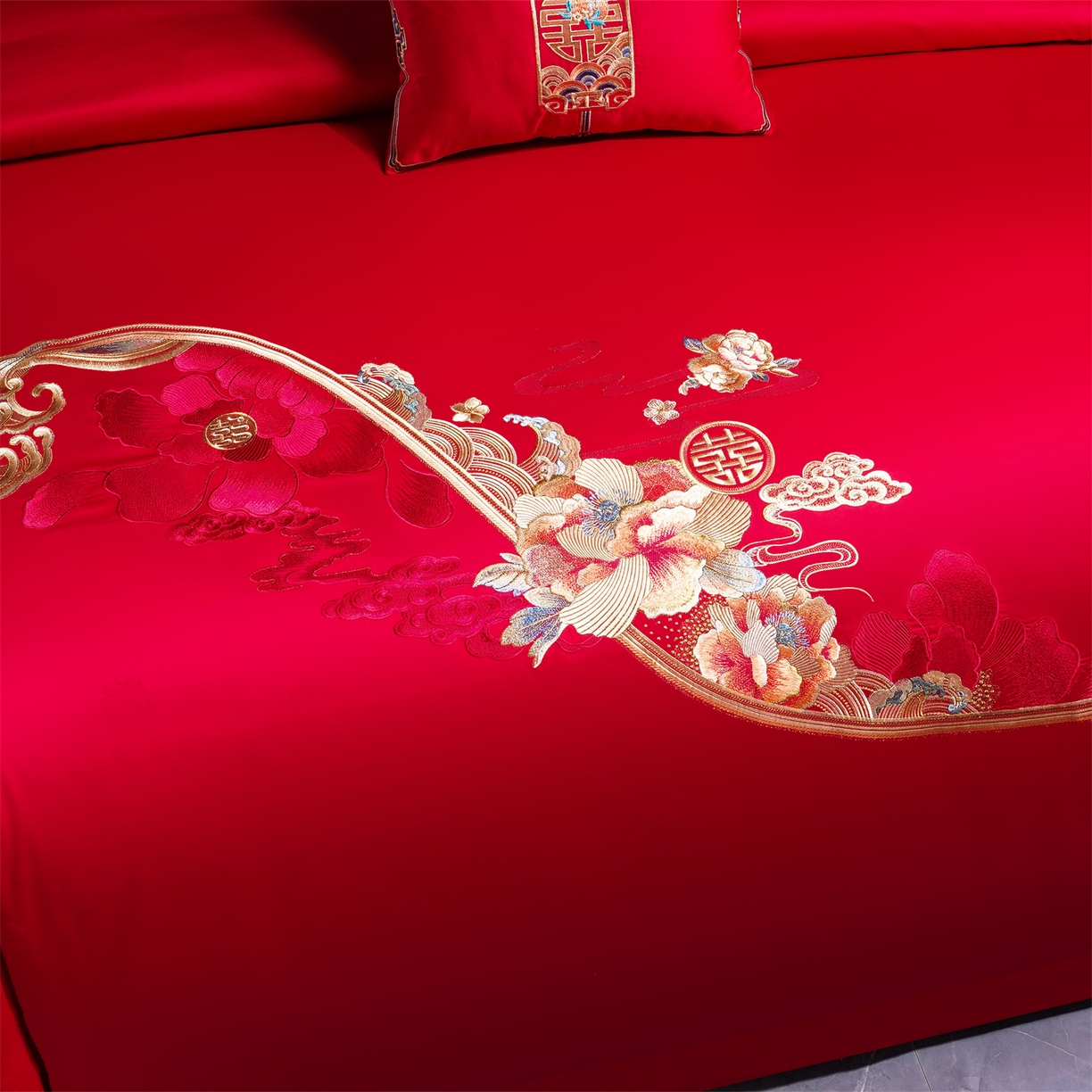 91家纺网 家纺一手货源 找家纺 美娘阁 2025新款长绒棉全棉贡缎提花款新中式古典韵味精美刺绣婚庆四件套-系列一 富贵吉祥