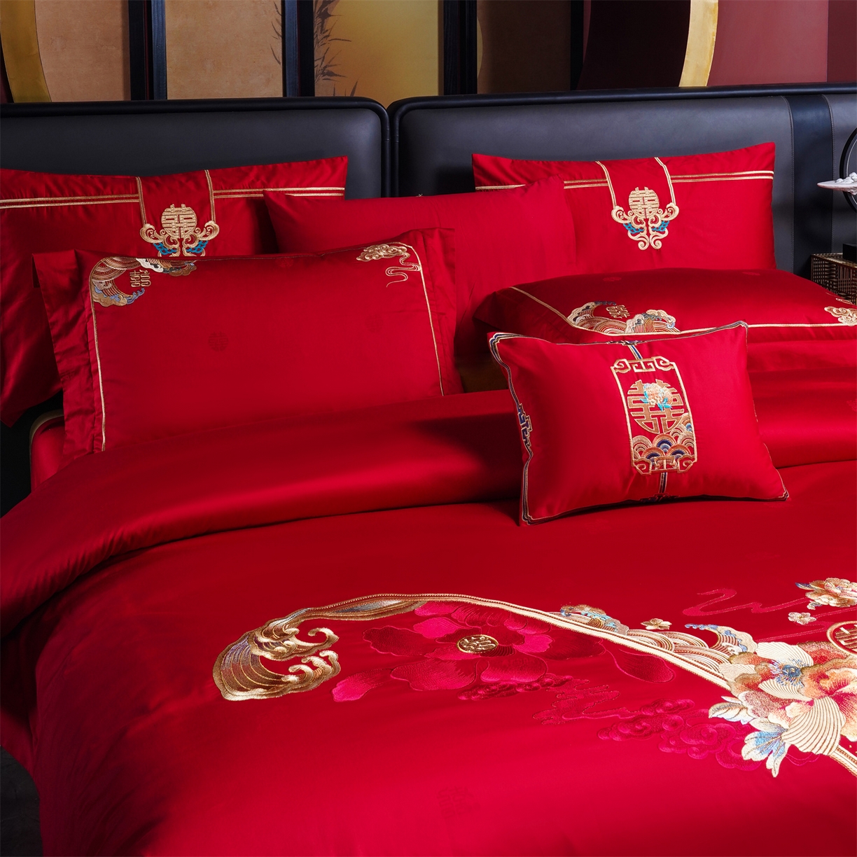 91家纺网 家纺一手货源 找家纺 美娘阁 2025新款长绒棉全棉贡缎提花款新中式古典韵味精美刺绣婚庆四件套-系列一 富贵吉祥