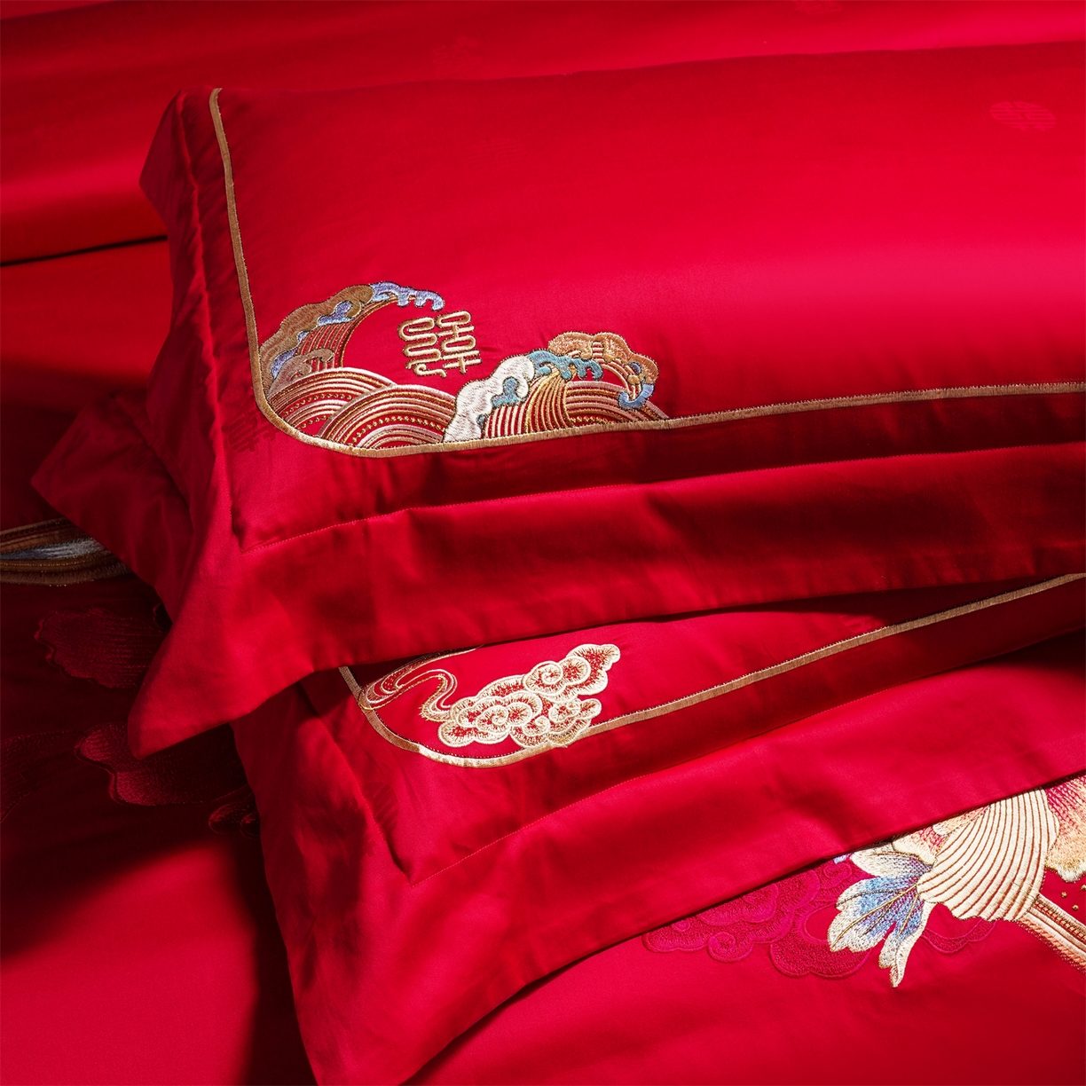 91家纺网 家纺一手货源 找家纺 美娘阁 2025新款长绒棉全棉贡缎提花款新中式古典韵味精美刺绣婚庆四件套-系列一 富贵吉祥