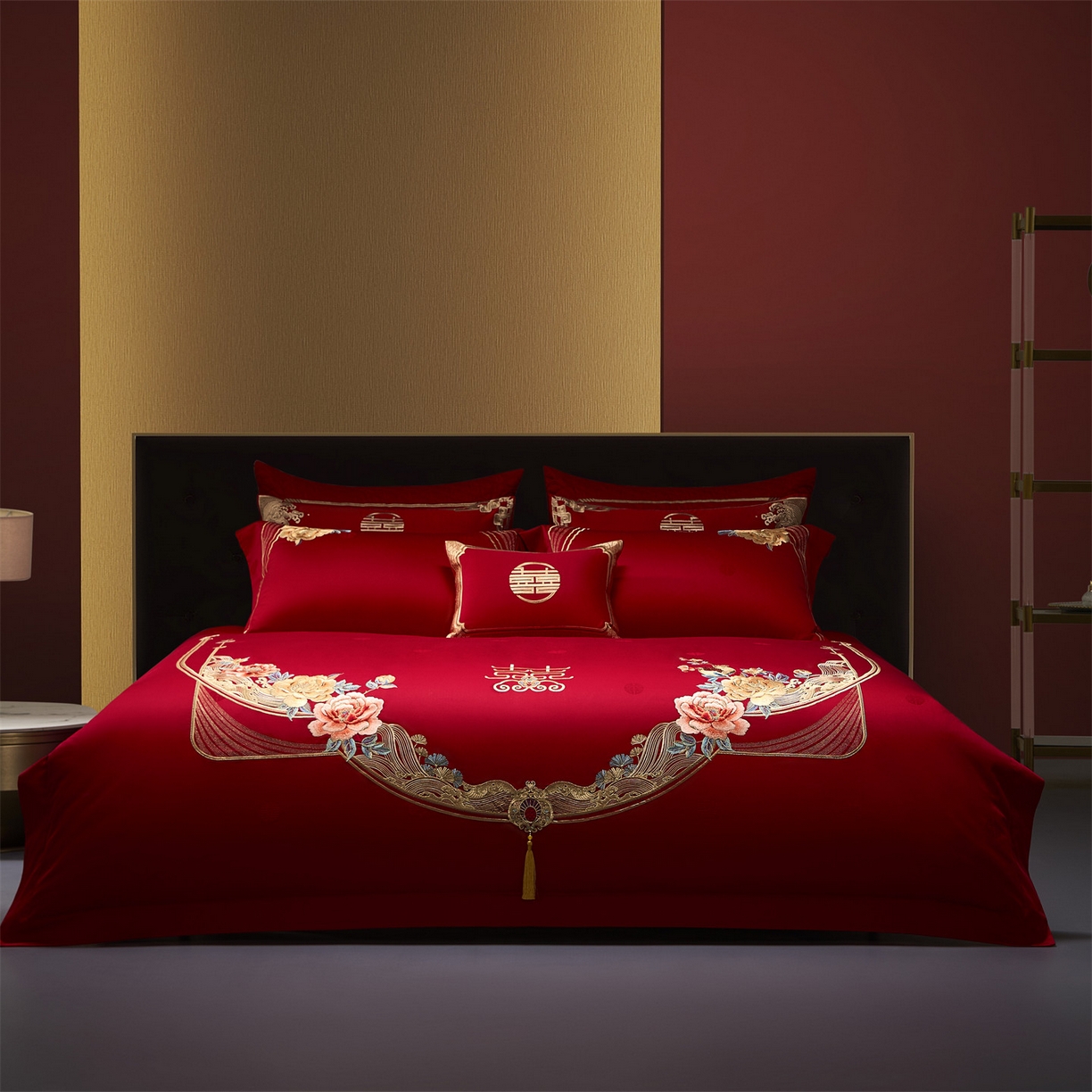 美娘阁 2025新款长绒棉全棉贡缎提花款新中式古典韵味精美刺绣婚庆四件套-系列一 国色天香