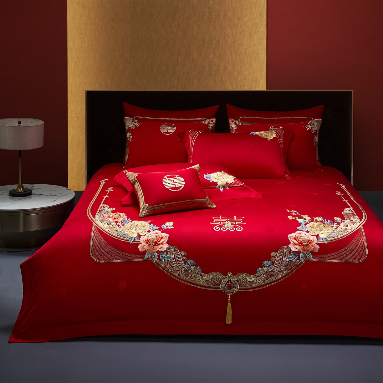 91家纺网 家纺一手货源 找家纺 美娘阁 2025新款长绒棉全棉贡缎提花款新中式古典韵味精美刺绣婚庆四件套-系列一 国色天香